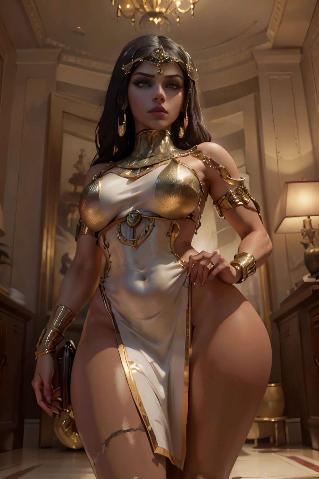 hyper realistic portrait shot of a beautiful egyptian queen, looking down proudly on the camera with her expressive green eyes, tanned skin tone , thin nose , black braided bob hair with golden accessories and jewelries , wearing a white see tough dress