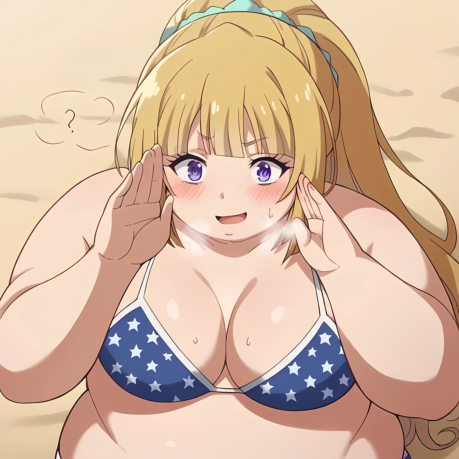 score_9, score_8_up, score_7_up, source_anime, keikaruizawa, kei karuizawa, long hair, bangs, blunt bangs, purple eyes, blonde hair, hair ornament, ponytail, scrunchie, blue scrunchie, medium breasts,, american flag bikini, bikini,, beach, smile, salute,, cowboy shot, dutch angle, swollen face, fat, chubby, obese, open mouth, out of breath, absurdres, highres icon, rating:General, confused, blush, {flustered}, nervous sweating, portrait, pov hands, hand on another's cheek, averting eyes, [looking away], straight-on, from above,  upper body, masterpiece, best quality, ultra-detailed, high resolution, 8K, 