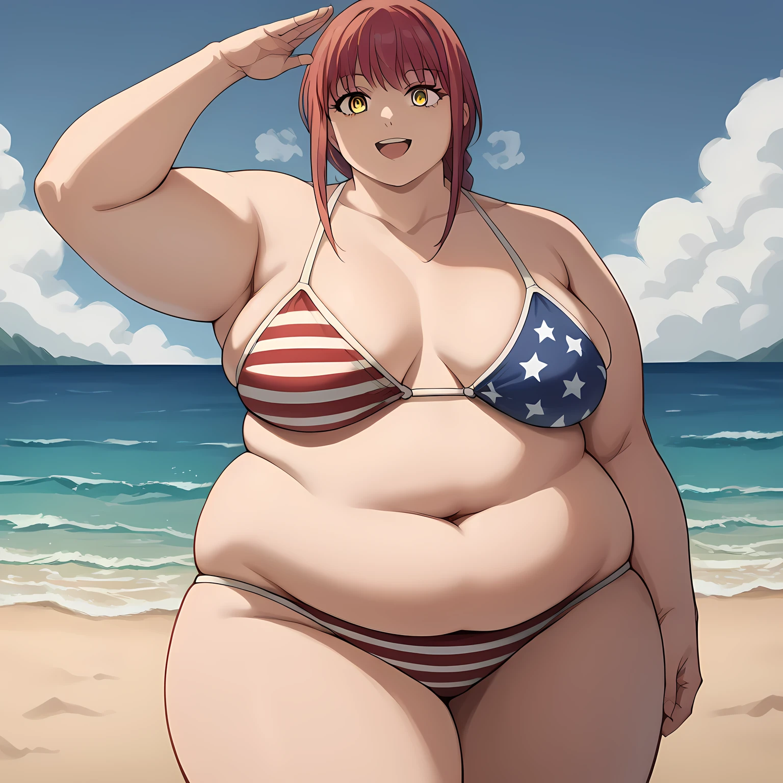 score_9, score_8_up, score_7_up, source_anime, makima, long hair, smile, bangs, yellow eyes, braid, red hair, braided ponytail, ringed eyes, medium breasts,, american flag bikini, bikini,, beach, smile, salute,, cowboy shot, dutch angle, fat, chubby, obese, gigantic arms and legs, large breasts open mouth, out of breath