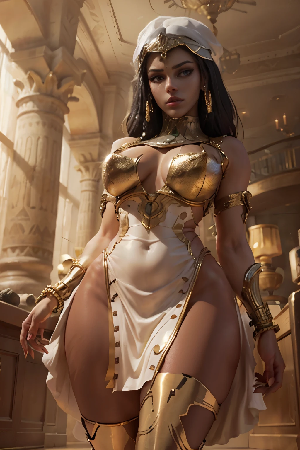 hyper realistic portrait shot of a beautiful egyptian queen, looking down proudly on the camera with her expressive green eyes, tanned skin tone , thin nose , black braided bob hair with golden accessories and jewelries , wearing a white see tough dress