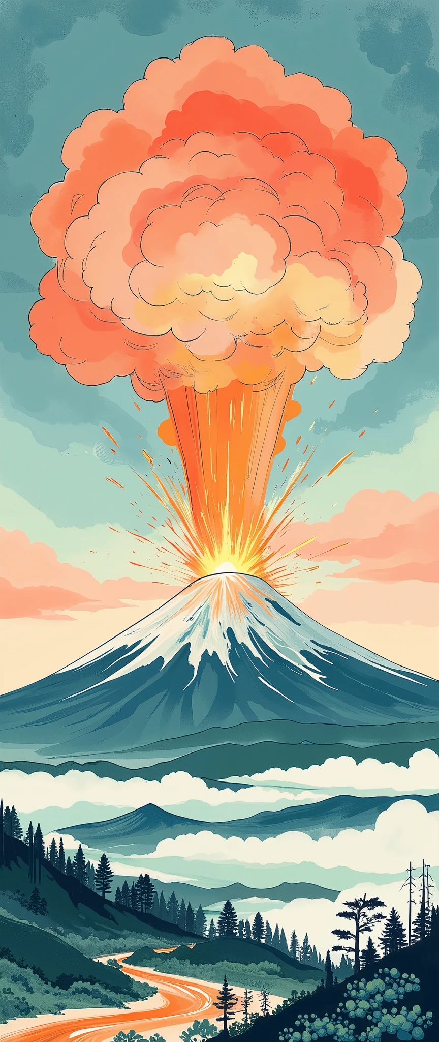 ( Ukisei:2.0),8k,16k,wallpaper,( Katsushika Hokusai style:2.0),(Volcanic eruption),(Mt. Fuji eruption :2.0),( Vector Art :2.0),( flat design:2.0),( flat color:2.0)
