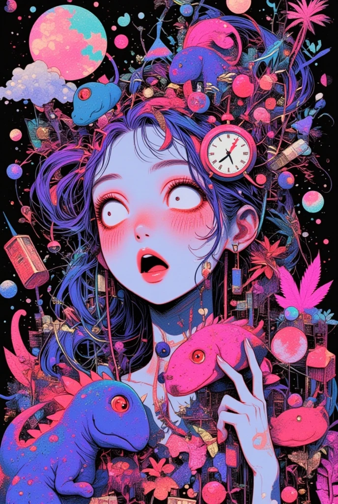 Cosmic alien life, beauty-queen, glowing dark eyes, fighting monsters, Biomechanical, eerie, Creepy, nightmarish, Very bright colors, Light particles, with crazy glowing, Mshiff, UHD, Miss June Comics cover, Cover art