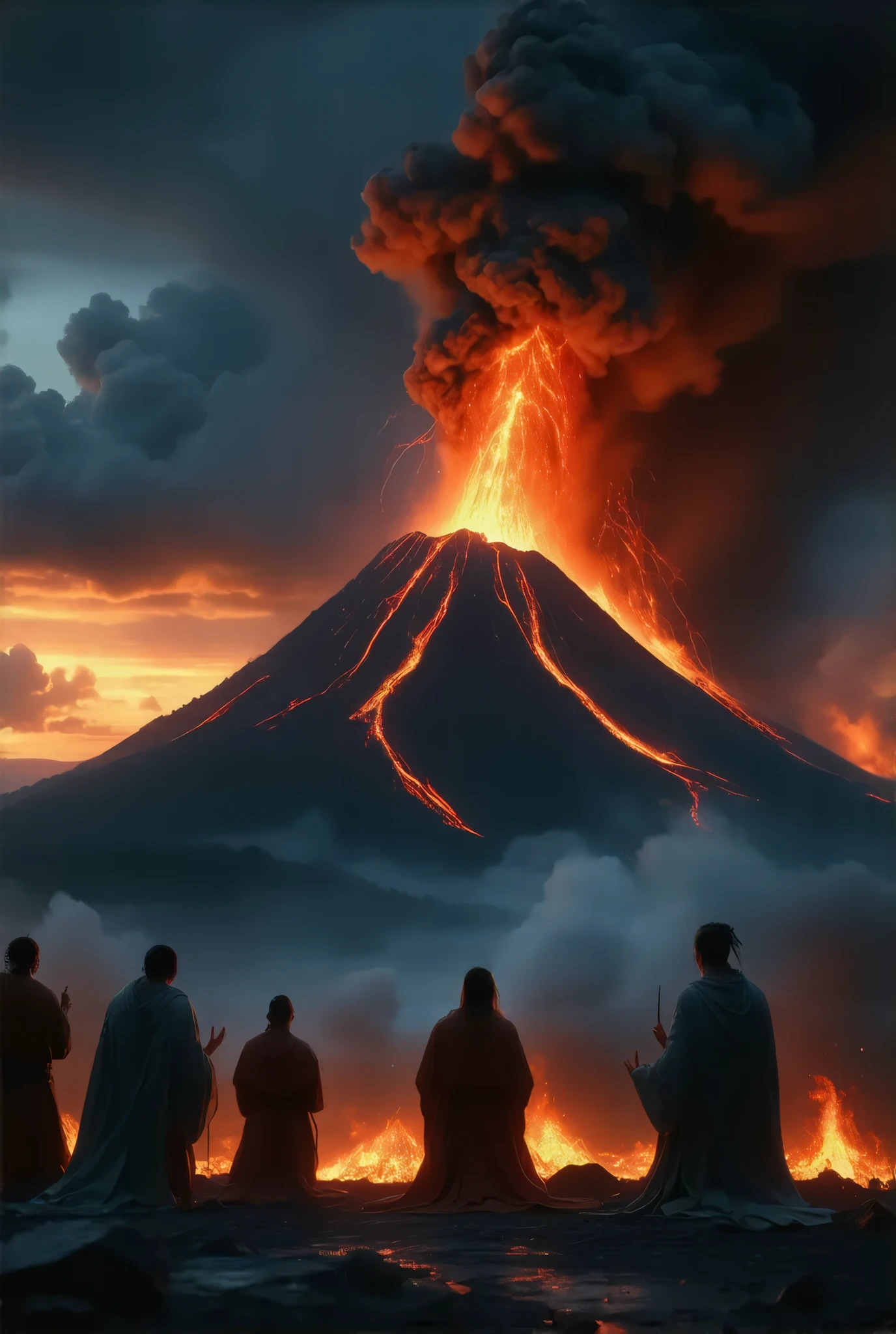 (8k, top quality, Masterpiece , Final Fantasy Style: 1.2),Atmospheric perspective, 8K, Very detailed, A volcano is erupting violently in the distance, a large amount of smoke and lightning, red lava flowing down, people praying at an altar, praying to appease the wrath of the earth god, altar, offerings, exorcists, heaven People praying with their hands up, the sky dyed red with volcanic smoke, a huge amount of black volcanic smoke, a frightening sky, fear, panic, the wonders of nature,