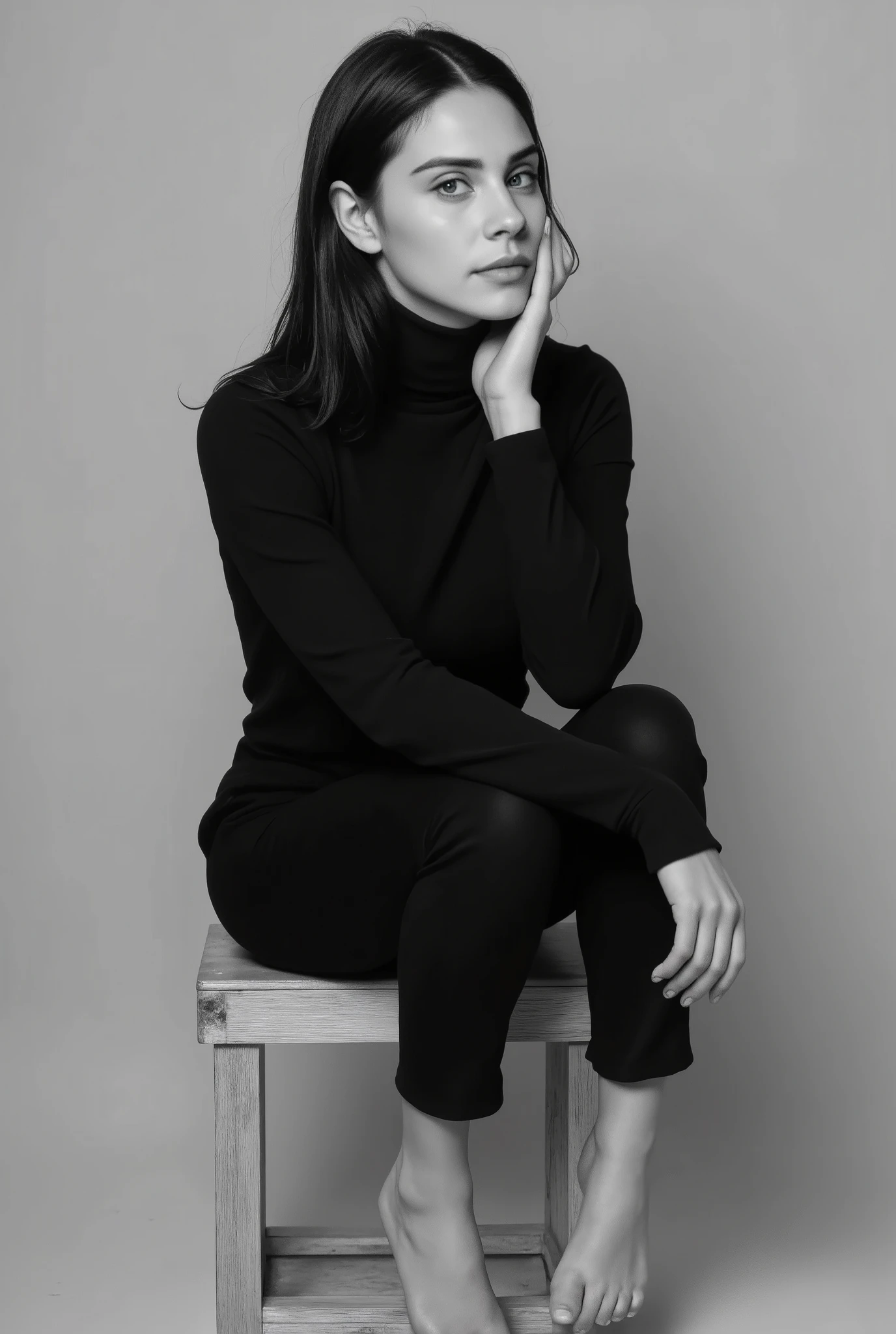 This is a black-and-white photograph featuring Yuval Gonen, a young woman sitting on a simple wooden stool against a plain, light gray background. The woman has a fair complexion, dark hair parted in the middle, and is wearing a high-necked, long-sleeved black sweater and matching pants. Her hair falls loosely around her face, which is turned slightly to her left, with a contemplative expression. She is barefoot, with one leg bent at the knee and the other leg tucked under her, her arms wrapped around her legs, and her chin resting on her knees. The pose is relaxed yet introspective, with her left hand gently touching her right cheek. The stool she sits on is rectangular, with visible wood grain and a worn texture, adding to the rustic feel of the image. The overall composition is minimalist, focusing solely on the subject, creating a sense of quiet introspection and vulnerability. The lighting is soft, casting gentle shadows that emphasize the contours of her body and the textures of her clothing and the stool.