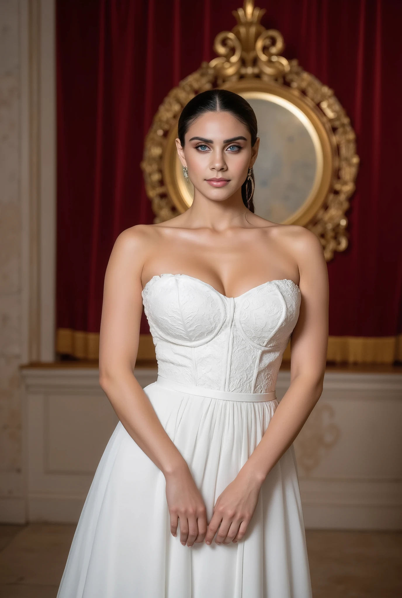 This is a black-and-white photograph featuring Yuval Gonen, a woman standing in an indoor setting. She is wearing a white, strapless gown that has a fitted bodice with a sweetheart neckline and a structured corset-like design. The bodice is adorned with intricate, white lace detailing, while the skirt of the gown is pleated, flowing elegantly to the floor. The fabric appears to be made of a lightweight, flowing material that adds a sense of elegance and grace to her attire.

The background features a rich, red velvet curtain with gold accents, adding a regal and luxurious ambiance. The curtain is framed by a large, circular, golden medallion with a intricate pattern, suggesting a historical or classical aesthetic. The wall behind the curtain is made of beige stone, contributing to the formal and sophisticated atmosphere.

The woman has her dark hair pulled back into a sleek, high ponytail, and her makeup is subtle yet elegant, with a focus on her eyes and lips. She stands confidently, with her hands relaxed by her sides, facing the camera directly. The lighting is soft and warm, highlighting the textures and details of her outfit and the surrounding decor.