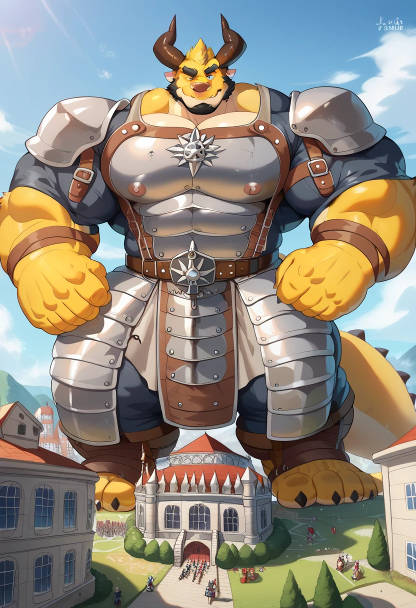 Scribble dragon face,furry(dragon),big strong hyper muscle, muscular, muscle( black eyebrows:1.1),(perfect eyes), yellow fur，Wears an Assassin/warrior clothes/armor ,（artist:takemoto arashi)，paw， （ Black beard :1.3），（Assassin/warrior clothes/armor :1.4) ,(Solid:8.0, (heavyweight ,stark,Macro, emphasize the gigantic size , )), background ((kingdom, tiny medieval building , tiny mediveval city,)), massive gigantic macro size Giant Dragon,