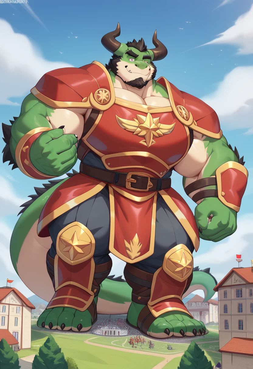 Scribble dragon face,furry(dragon),chuppy, muscular big strong muscle,( black eyebrows :1.1),(perfect eyes), green fur，Trägt eine royal clothes/armor ,（artist:takemoto arashi)，paw，（ Black beard :1.3），（royal clothes/armor :1.4) (trägt knight armor), ,(Massiv:8.0, ( heavyweight ,stark,Macro, emphasize the gigantic size , bigger then the land)), background (( medieval building , tiny mediveval castel)), massive gigantic macro large hyper size Giant dragon