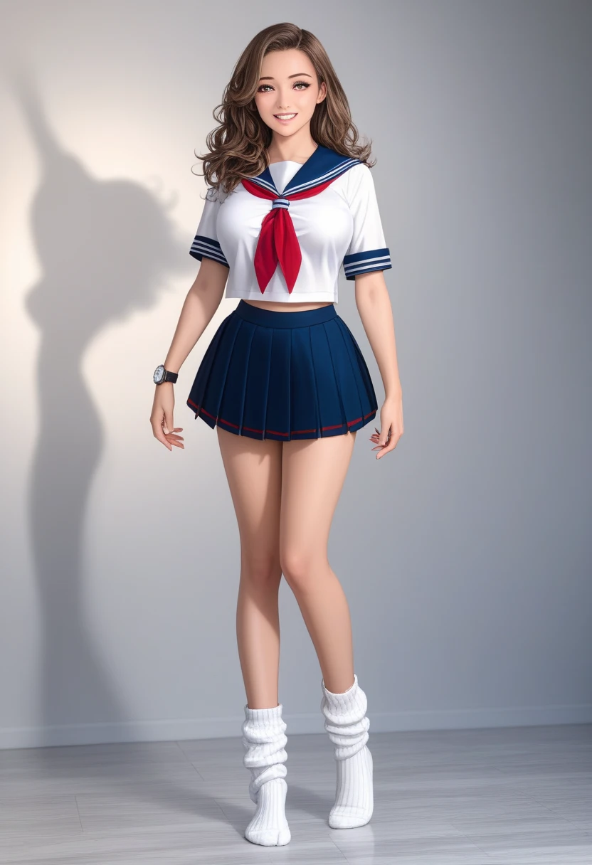 Top image quality、8K picture quality、hightquality、Detailed picture、nffsw、1girll、独奏、Full Body Marie Rose、A smile、Embarrassing、red blush、small plump breasts、Laughter in the chest、slenderbody、Summer short-sleeved sailor suit、Short length、Red color ornament、(Lower milk is visible)、The navel is visible、Dark blue super mini pleated skirt、 (((Skirt length with an inseam of 1 cm)))、((Panties))Black C-Strinks、Show C string in full view、Standing Pose、Open your legs shoulder-width apart、Thrust your hips forward、Black High Socks、Brown loafers、gazing at viewer、Facing the viewer、White thighs looking at C strings、Glamorous、frilld、Stone corridor