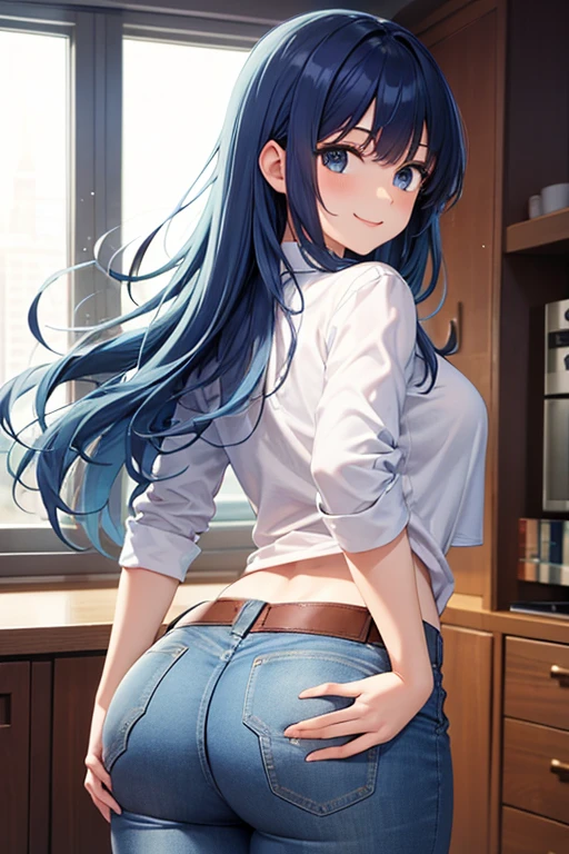  a woman, aldult,，Akane Kurokawa， long blue hair, Smile,  white shirt , roll up sleeves,  htmalina ,   blue jeans ,  Red Ribbon to Show Her Ass ,  Rounded Hips , 4K