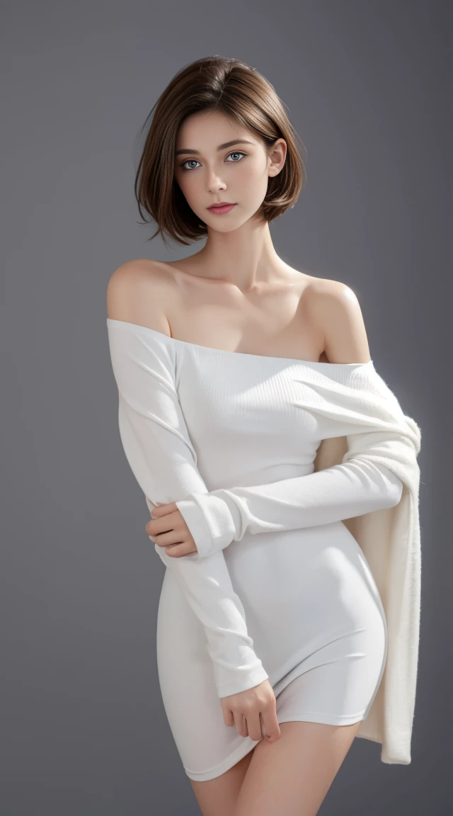 Tight white top:1.2, Looking at the audience, light, Perfect, Soft Light, High resolution skin:1.2, Realistic skin texture, 18 year old female, naked、Small face、without make-up、Off-shoulder,Bust B cup、 Cleavage exposed, blue eyes, short hair, Dark brown hair、full-body shot、Gray background、
