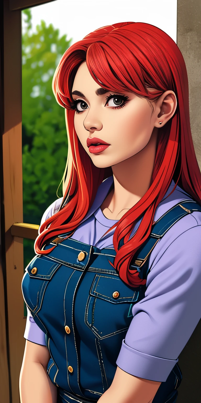 ((work of art)), (best qualityer),, offcial art, Extremely detailed CG 8k unity wallpaper, highy detailed, shining skin, Depth of field, vivid color,, 1Kizi, (curved:1.0), (whole body:0.8), Kizi wearing dungarees, sensuous , retrato sophie mudd, pose casual, gorgeous Youngh model, cute Youngh woman, a beautiful -aged Kizi, very beautiful model, Youngh , cute Youngh Kizi, beautiful Youngh Kizi, Beautiful model, shorter red hair, light hair, shiny hair, Youngh and cute Kizi, Kizi, cowgirl, Cow Kizi from Goblin slayer アニメ, Goblin Slayer Anime, アニメ, Staring at me, wild pose, sensuous pose, maybe working on the farm, trying to feed animals, and working on the farm
