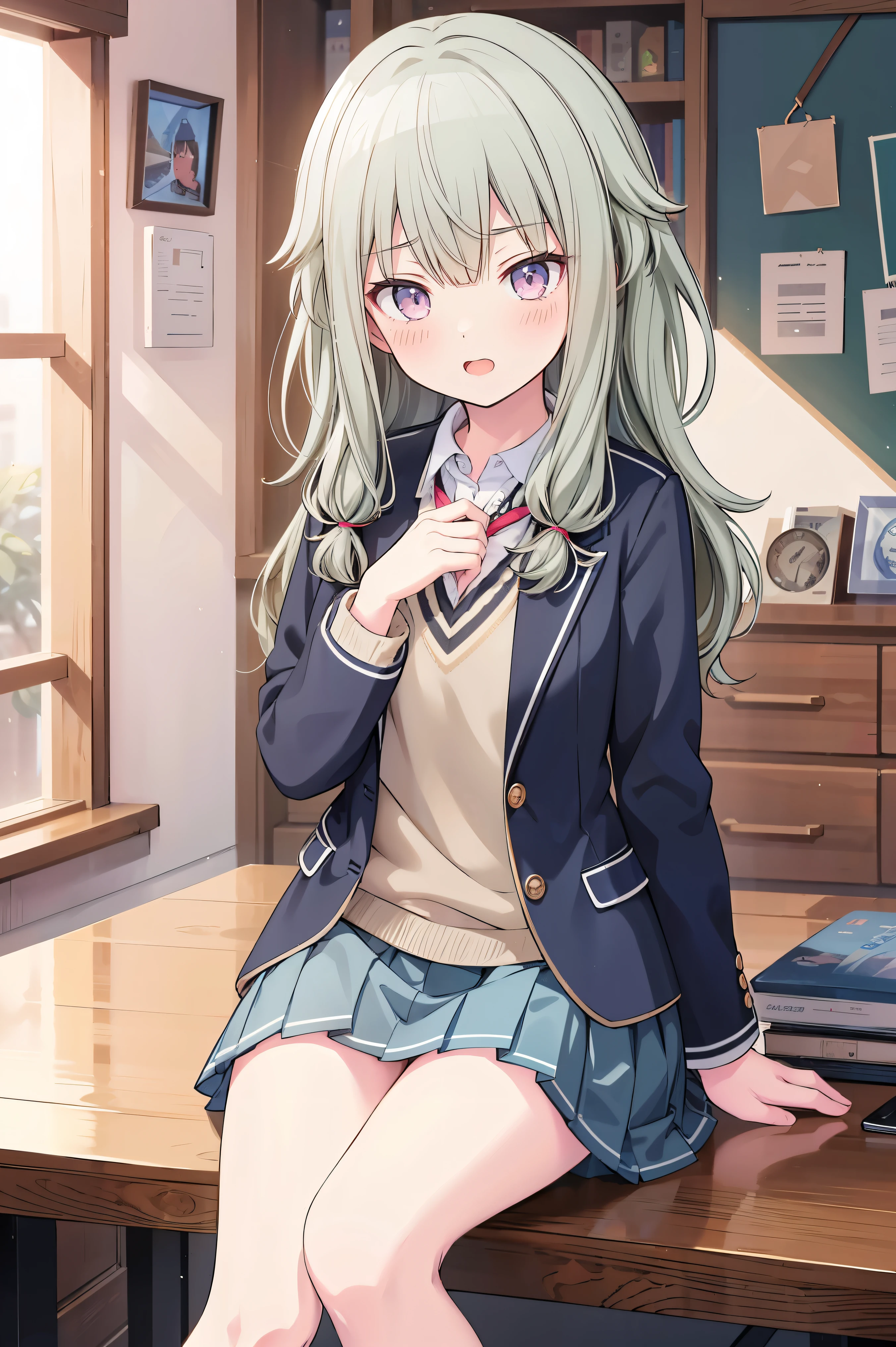 (8k, 最high quality)、Ultra-high resolution、Adorable、最high quality, beautiful,、school uniform、blazer、high quality、Shiny Hair、very fine and beautiful,Bright Eyes、Medium chest、nose blush、(Anatomically correct), medium , whole body, 超 high definition 、( top quality ), ( Masterpiece ), 1080P, high definition , 4K, 8k, Thighs,