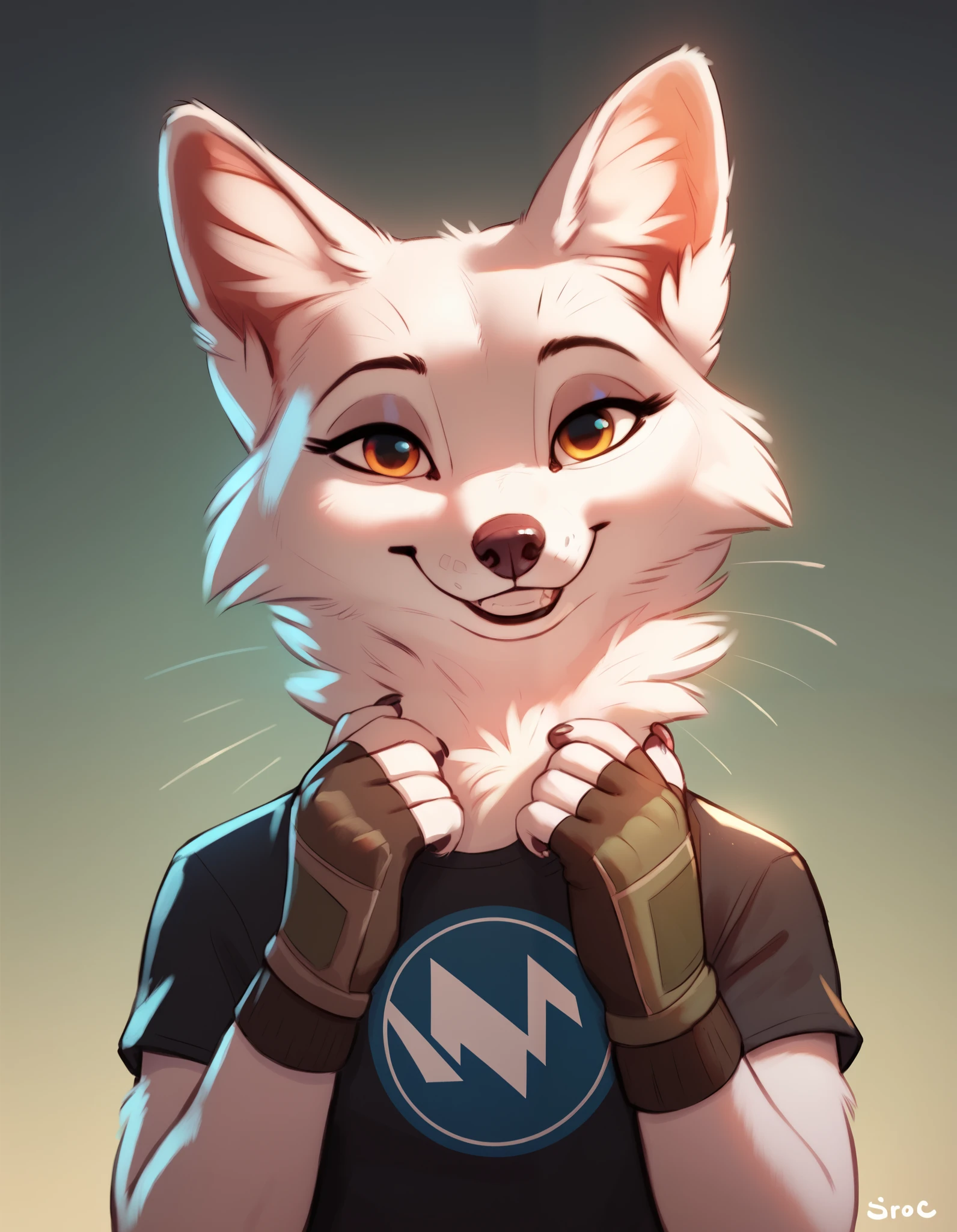 score_9, score_8_up, score_7_up, SirocStyle, Expressiveh, masterpiece, best quality, highly detailed, realistic, arctic fox, furry female, furry, 1girl, solo, animal ears, shirt, fingerless gloves, gloves, tail, smiling, looking at viewer, upper body,