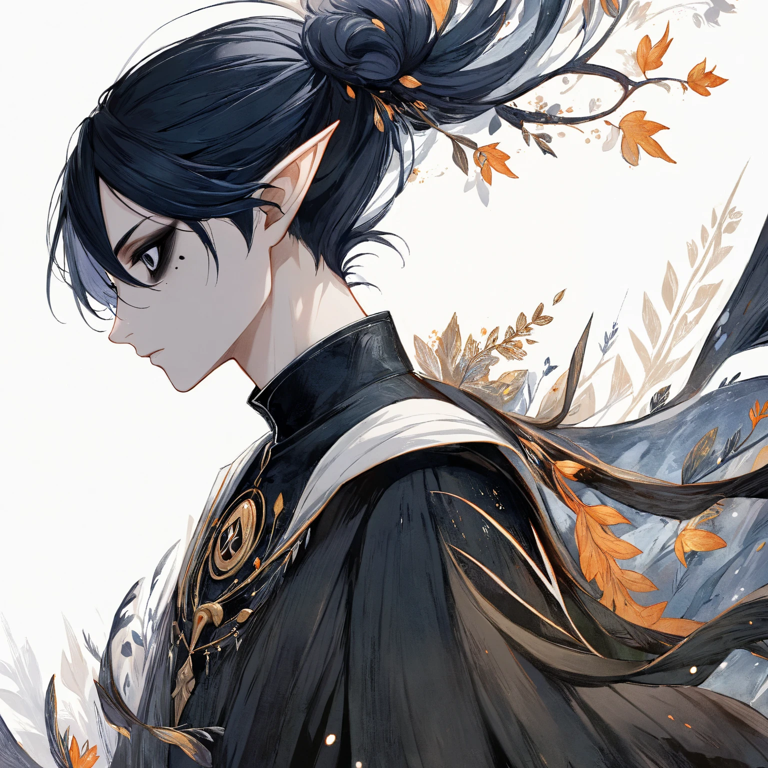 2D ART, hyper detailed gouache painting, illustration, gougoupaintleaves style, portrait of a man, 1boy, solo, black hair, side_cut_hairstyle, male_drow:1.5, dark elf, black eyes, black sclera, detailed face, handsome features, dark medieval tunic, pointy ears, standing in a dark forest, side pov, side view, perfil, looking away, on simple white background, full body shot, very detailed,