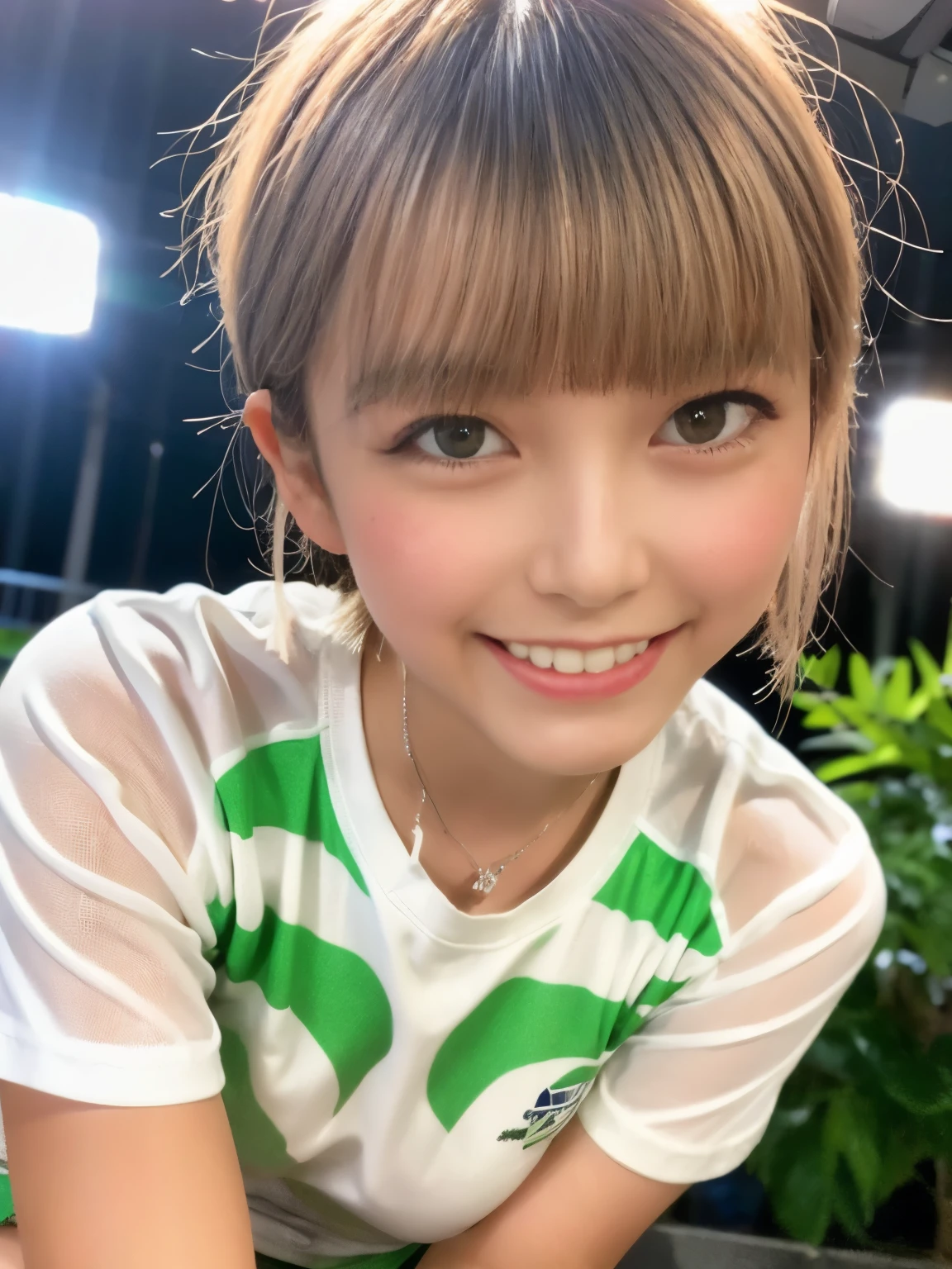 detailed face , beautiful eyes , photorealistic , depth of field, white t-shirt, micro bikini,, 22 years old, bangs, smaller , (( Silver Short Bob )), Faint lips, cowboy shot, Green camouflage paint on S , Close to the audience , Arms between legs、 Big Rich Breasts :1.4、See-through t-shirt facing straight to camera 、No:1.5、smile