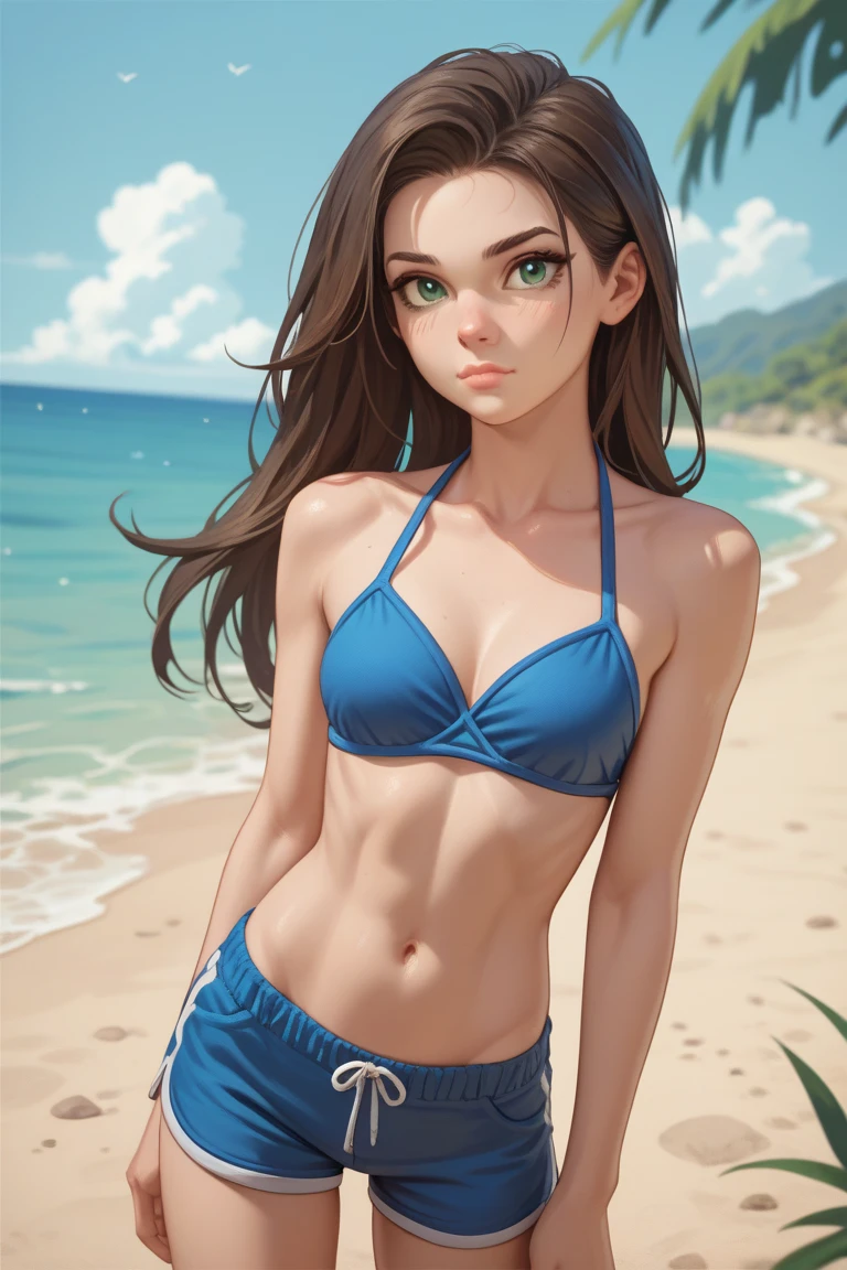 1girl, cute, young woman, adult, medium-long hair, lips, tomboy, slim body, fit belly, medium chest, blue bikini, blue swimming shorts, at the beach, closed mouth, green eyes, brown hair