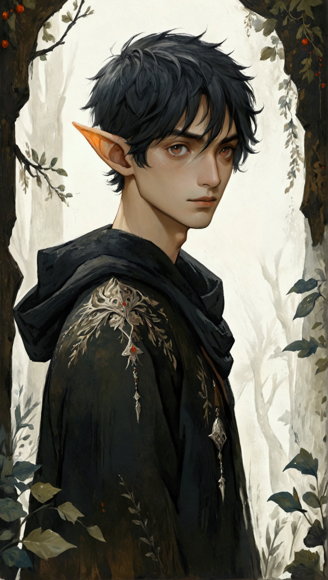 2D ART, hyper detailed gouache painting, illustration, gougoupaintleaves style, portrait of a man, 1boy, solo, black hair, side_cut_hairstyle, male_drow:1.5, dark elf, black eyes, black sclera, detailed face, handsome features, dark medieval tunic, pointy ears, standing in a dark forest, side pov, side view, perfil, looking away, on simple white background, full body shot, very detailed,