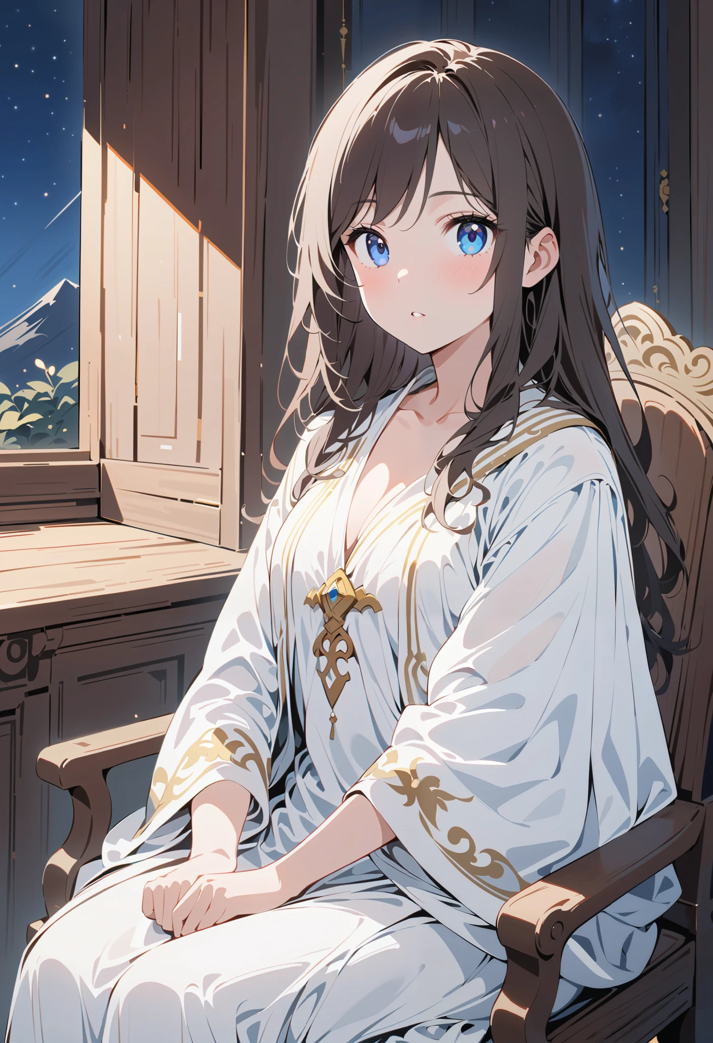 1 girl,Full body portrait,Ancient,night,In the room,Sitting on a wooden chair,full,Dark hair , long hair, blue eyes , pure white robe with high openings on both sides, show your legs , showing arms , Skin tone , Dignified and holy ,Mature charm,Sweet and playful