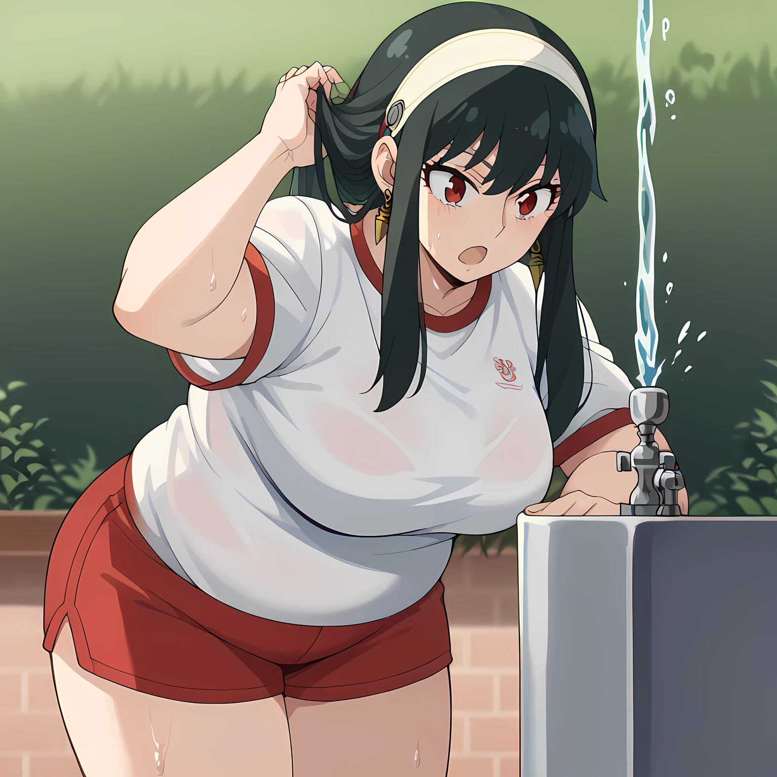 score_9, score_8_up, score_7_up, source_anime, yorbriar, yor briar, black hair, red eyes, earrings, white hairband, hairband, long hair, sidelocks, medium breasts,, drinking fountain, faucet, drinking, fountain, water, water drop,, gym uniform, gym shirt, gym shorts, bent, leaning forward, tucking hair, adjusting hair, hand on own hair, hair behind ear,, cowboy shot, fat, chubby, obese, gigantic arms and legs, large breasts open mouth, out of breath