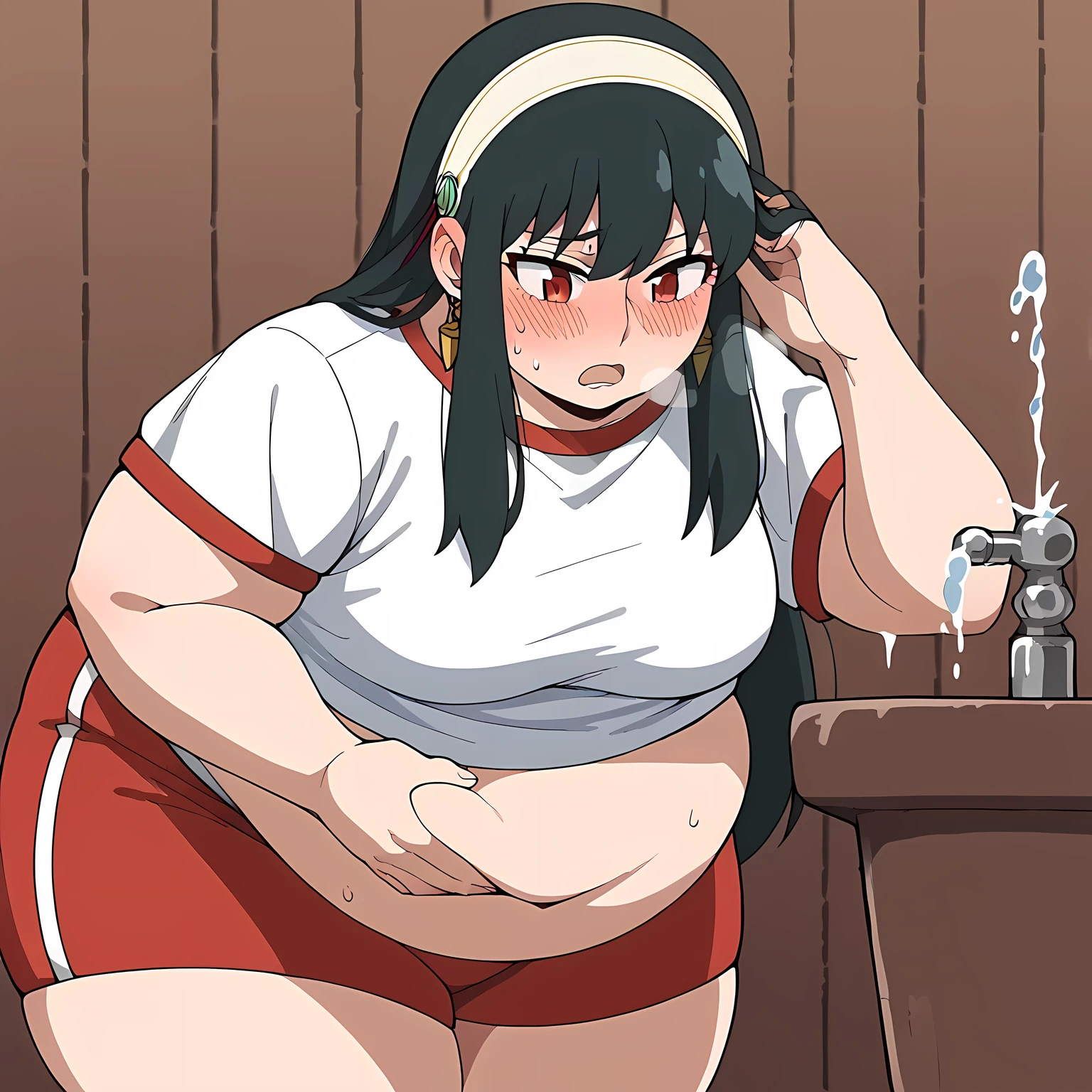 score_9, score_8_up, score_7_up, source_anime, yorbriar, yor briar, black hair, red eyes, earrings, white hairband, hairband, long hair, sidelocks, medium breasts,, drinking fountain, faucet, drinking, fountain, water, water drop,, gym uniform, gym shirt, gym shorts, bent, leaning forward, tucking hair, adjusting hair, hand on own hair, hair behind ear,, cowboy shot, bulging belly, fat, chubby, obese, open mouth, out of breath, absurdres, highres icon, rating:General, confused, blush, {flustered}, nervous sweating, portrait, pov hands, hand on another's belly, averting eyes, [looking away], straight-on, swollen face, masterpiece, best quality, ultra-detailed, high resolution, 8K, 