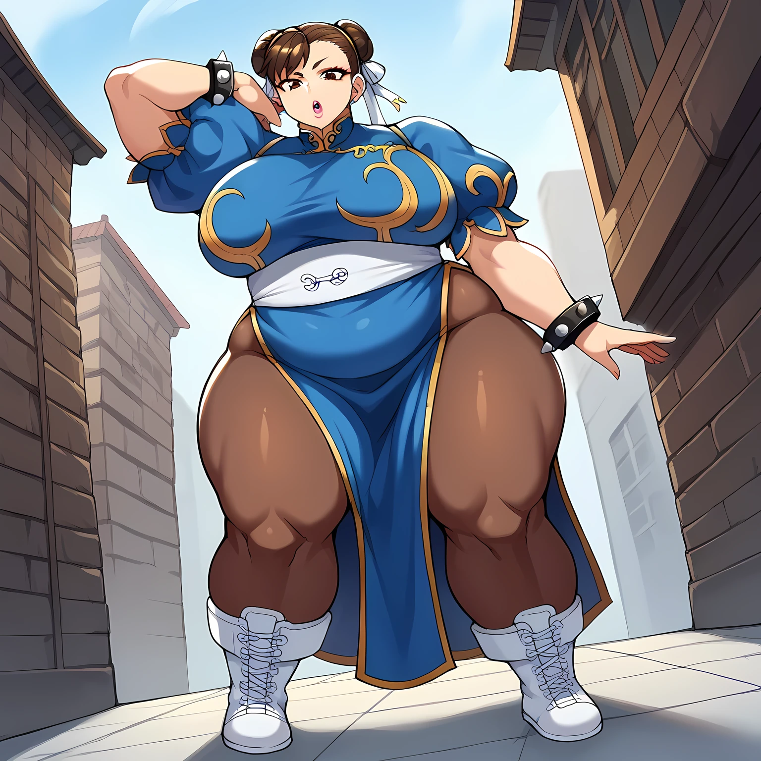 score_9, score_8_up, score_7_up, source_anime, chun li, brown eyes, brown hair, bun cover, double bun, eyeliner, hair bun, lipstick, makeup, pink lips, large breasts,, blue dress, boots, bracelet, brown pantyhose, china dress, chinese clothes, cross-laced footwear, dress, gold trim, jewelry, pantyhose, pelvic curtain, puffy sleeves, sash, short sleeves, side slit, spiked bracelet, spikes, white footwear,, Man-made, architecture, structures, civilization, urban, , hand behind head, , looking at viewer, solo,, dutch angle, cowboy shot, fat, chubby, obese, gigantic arms and legs, large breasts open mouth, out of breath