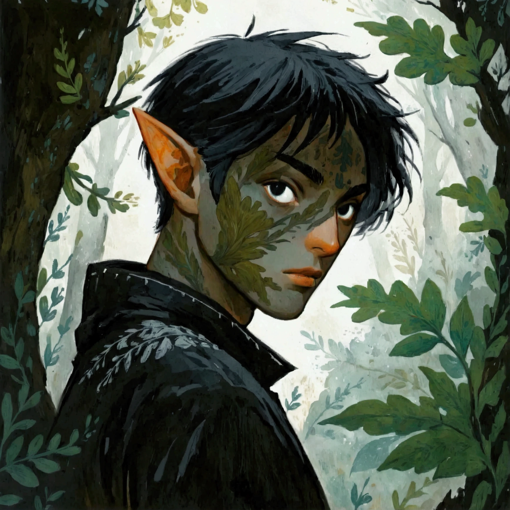 2D ART, hyper detailed gouache painting, illustration, gougoupaintleaves style, portrait of a man, 1boy, solo, black hair, side_cut_hairstyle, male_drow:1.5, dark elf, black eyes, black sclera, detailed face, handsome features, dark medieval tunic, pointy ears, standing in a dark forest, side pov, side view, perfil, looking away, on simple white background, full body shot, very detailed,