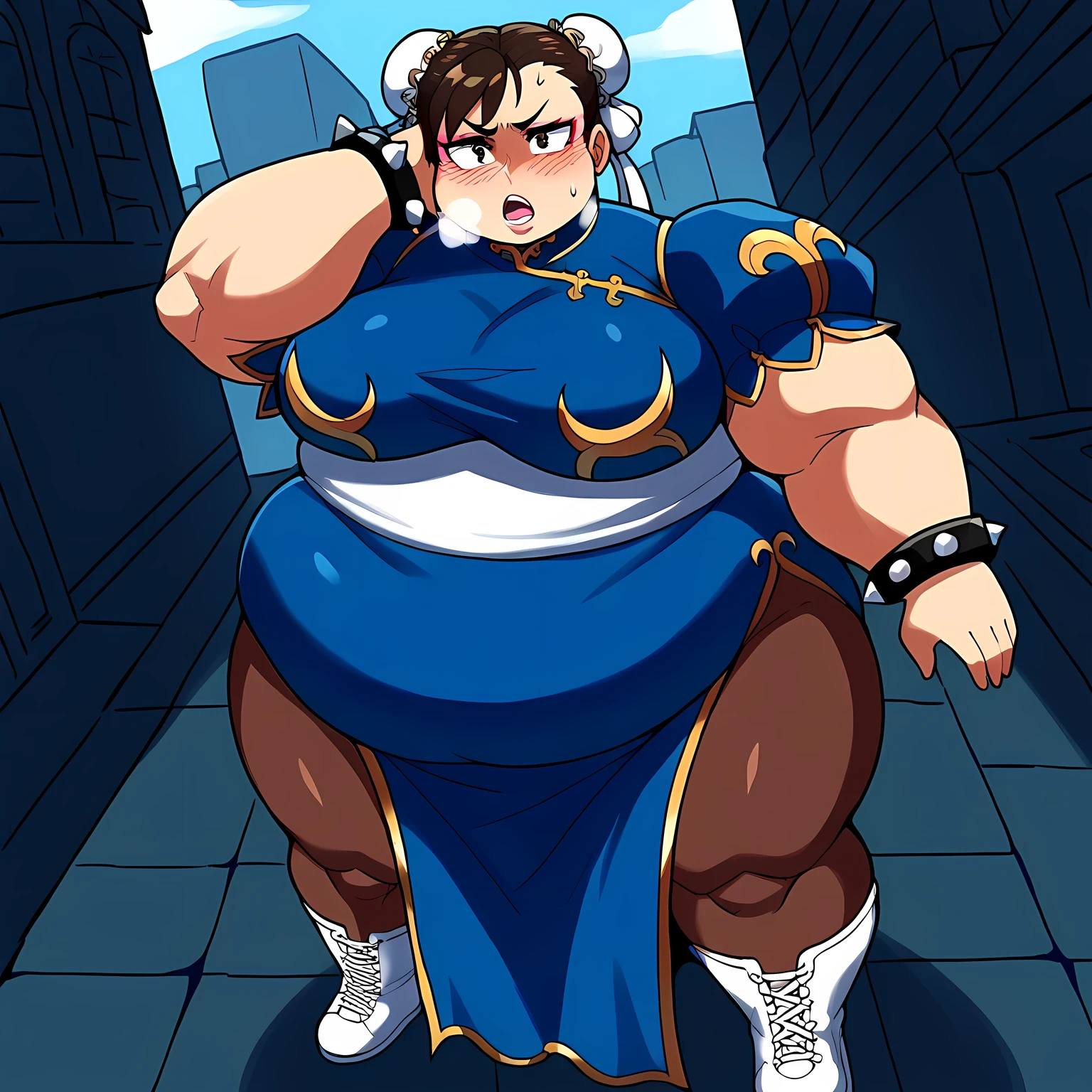 score_9, score_8_up, score_7_up, source_anime, chun li, brown eyes, brown hair, bun cover, double bun, eyeliner, hair bun, lipstick, makeup, pink lips, large breasts,, blue dress, boots, bracelet, brown pantyhose, china dress, chinese clothes, cross-laced footwear, dress, gold trim, jewelry, pantyhose, pelvic curtain, puffy sleeves, sash, short sleeves, side slit, spiked bracelet, spikes, white footwear,, Man-made, architecture, structures, civilization, urban, , hand behind head, , looking at viewer, solo,, dutch angle, cowboy shot, swollen face, fat, chubby, obese, open mouth, out of breath, absurdres, highres icon, rating:General, confused, blush, {flustered}, nervous sweating, portrait, pov hands, hand on another's cheek, averting eyes, [looking away], straight-on, from above,  upper body, masterpiece, best quality, ultra-detailed, high resolution, 8K, 