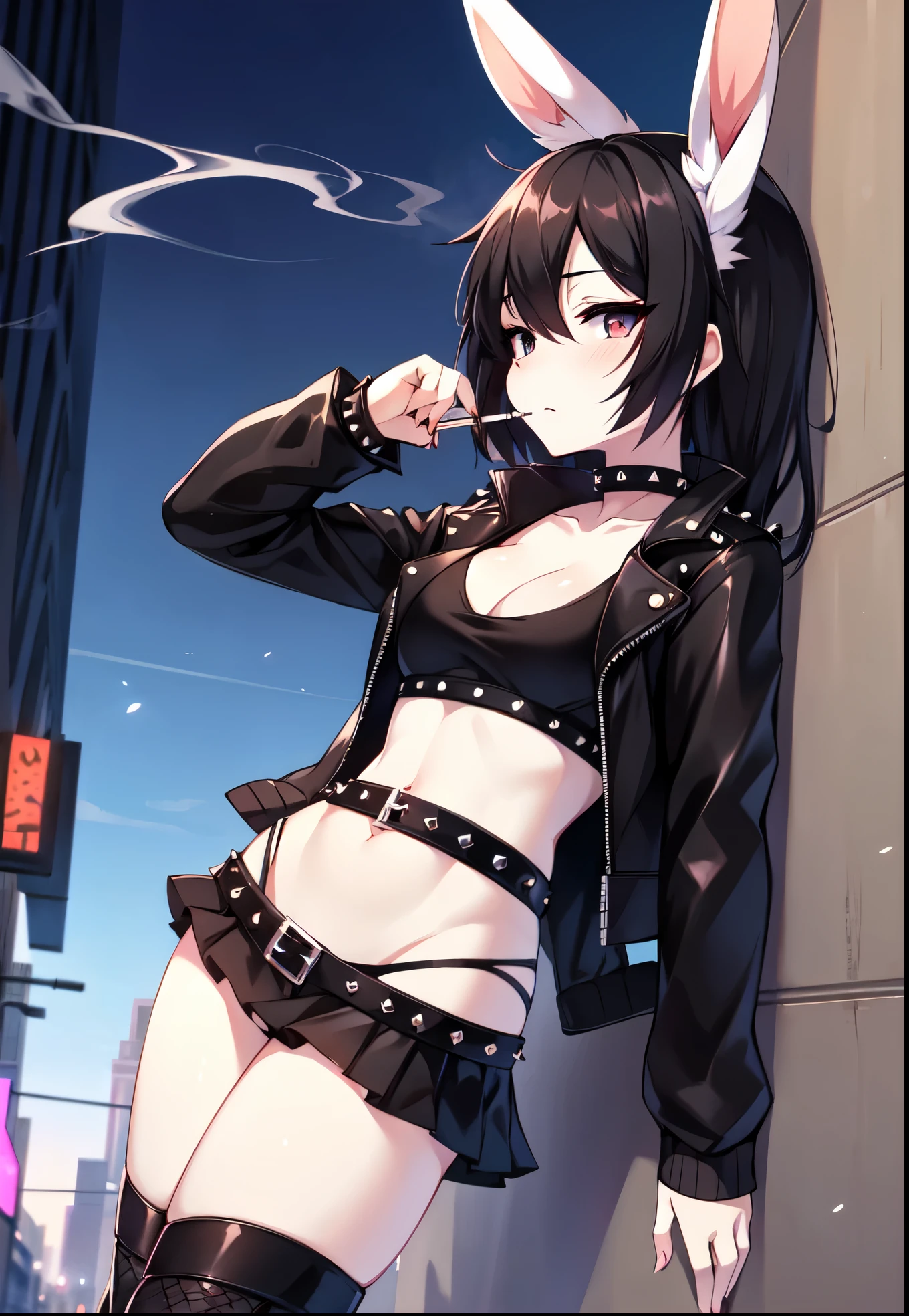 young kitten with green eyes, fluffy fur (black and white), in a sexy pose, wearing a tight short jean shorts, and a black leather jacket, with a fluffy tail