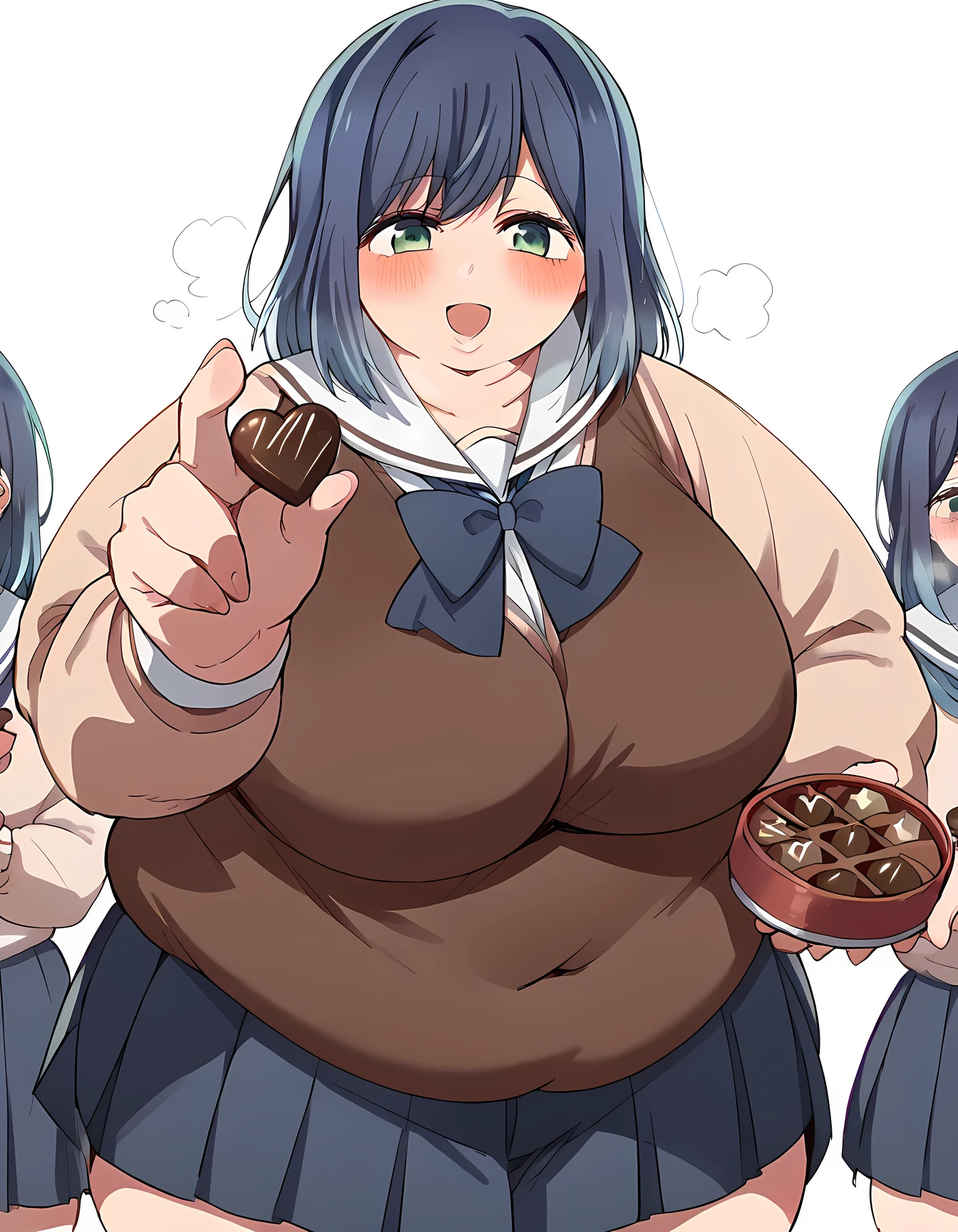 score_9, score_8_up, score_7_up, source_anime, akane kurokawa, bangs, green eyes, blue hair, medium hair, dark blue hair, large breasts, incoming food, chocolate, holding, holding chocolate, holding food, food, looking at viewer, open mouth, blush, smile, school uniform,, ,fat, chubby, obese, gigantic arms and legs, large breasts open mouth, out of breath