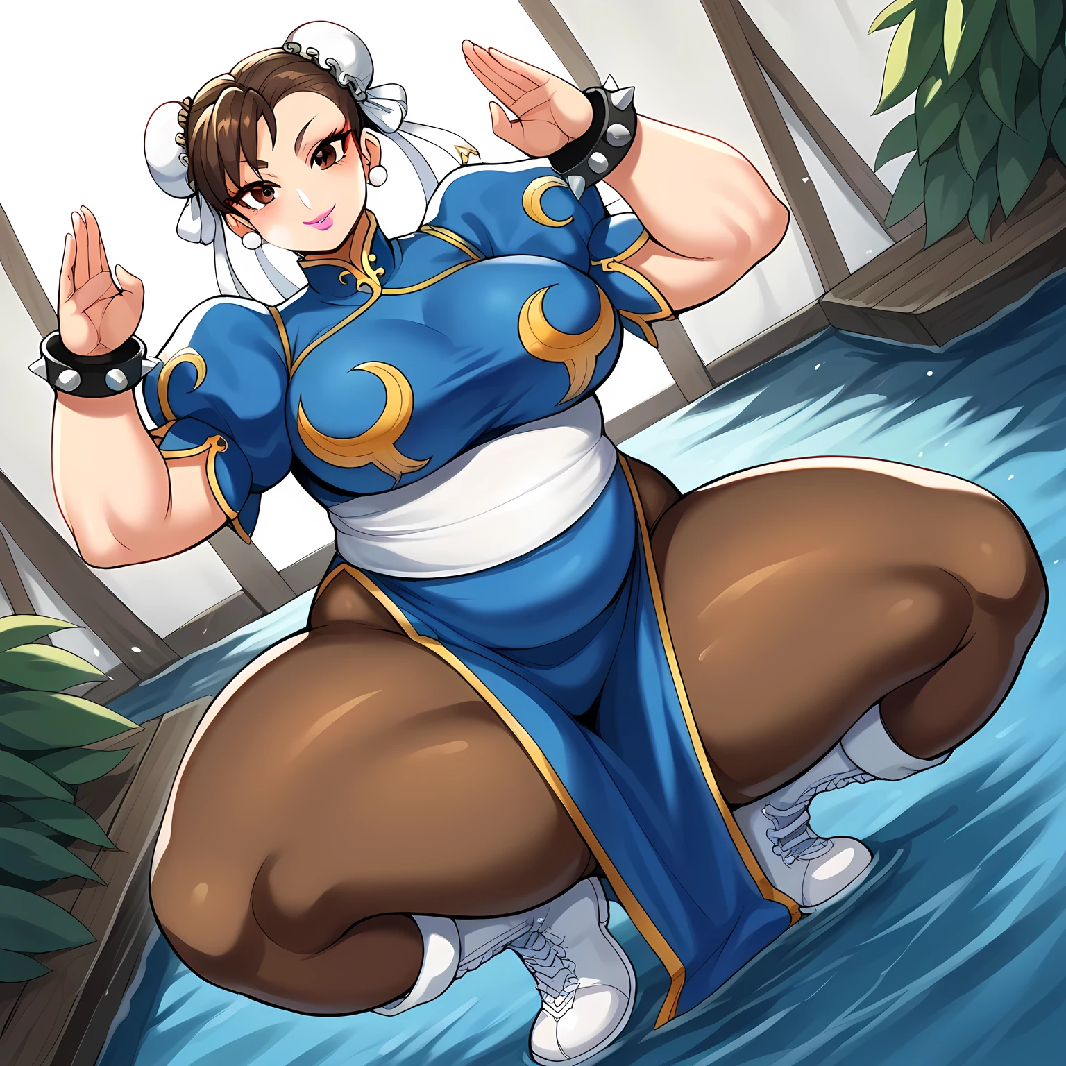 score_9, score_8_up, score_7_up, source_anime, chun li, brown eyes, brown hair, bun cover, double bun, eyeliner, hair bun, lipstick, makeup, pink lips, large breasts,, blue dress, boots, bracelet, brown pantyhose, china dress, chinese clothes, cross-laced footwear, dress, gold trim, jewelry, pantyhose, pelvic curtain, puffy sleeves, sash, short sleeves, side slit, spiked bracelet, spikes, white footwear,, dock, water, boats, wood, mooring, smile, rabbit pose, smile, blush,, looking at viewer, solo,, dutch angle, cowboy shot fat, chubby, obese, gigantic arms and legs, large breasts open mouth, out of breath