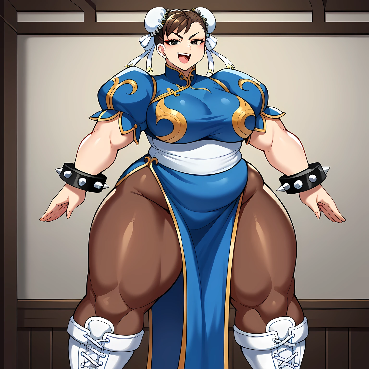 score_9, score_8_up, score_7_up, source_anime, chun li, brown eyes, brown hair, bun cover, double bun, eyeliner, hair bun, lipstick, makeup, pink lips, large breasts,, blue dress, boots, bracelet, brown pantyhose, china dress, chinese clothes, cross-laced footwear, dress, gold trim, jewelry, pantyhose, pelvic curtain, puffy sleeves, sash, short sleeves, side slit, spiked bracelet, spikes, white footwear,, hotel, rooms, lobby, guests, beds, , v, v over mouth, smug,, looking at viewer, solo,, dutch angle, cowboy shot fat, chubby, obese, gigantic arms and legs, large breasts open mouth, out of breath