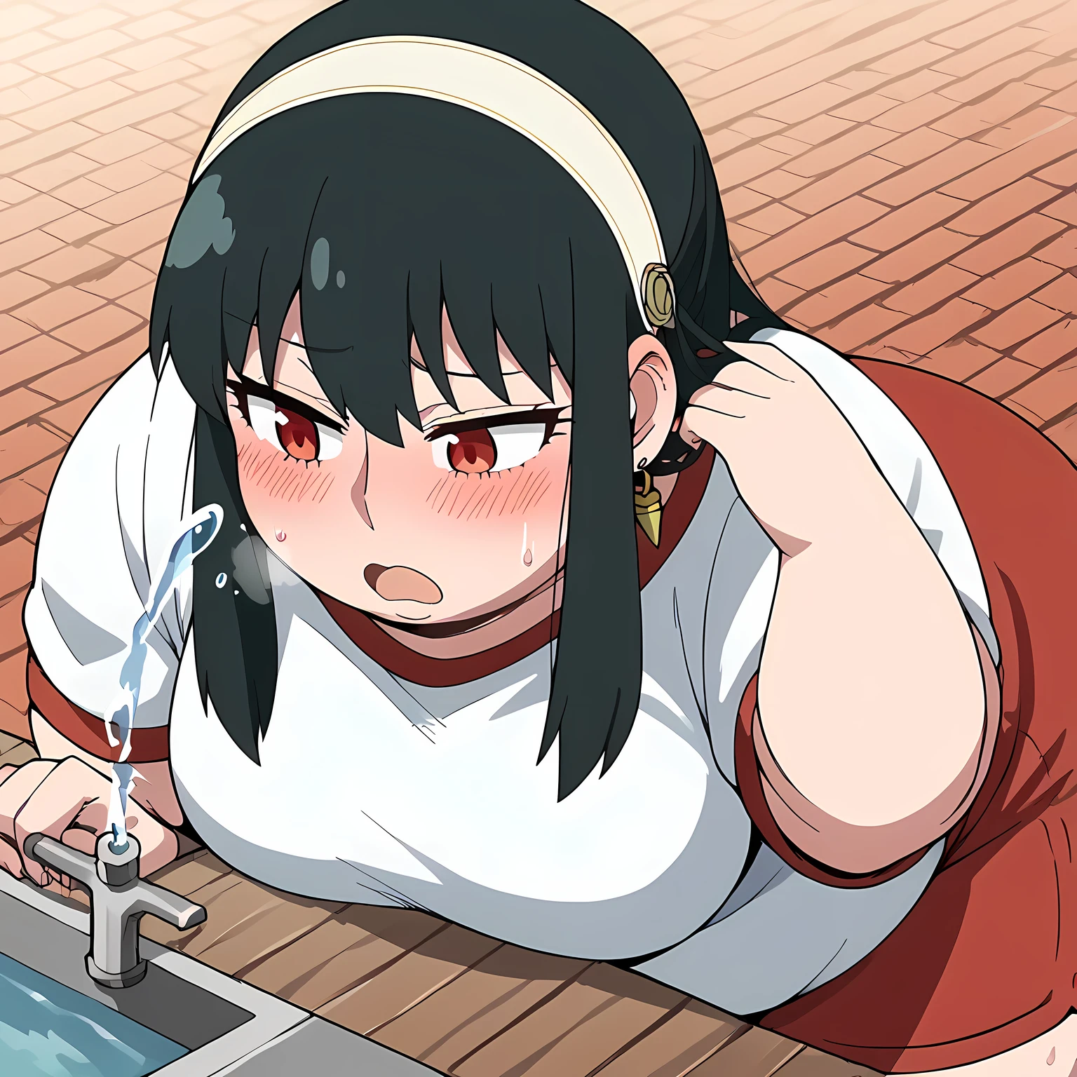 score_9, score_8_up, score_7_up, source_anime, yorbriar, yor briar, black hair, red eyes, earrings, white hairband, hairband, long hair, sidelocks, medium breasts,, drinking fountain, faucet, drinking, fountain, water, water drop,, gym uniform, gym shirt, gym shorts, bent, leaning forward, tucking hair, adjusting hair, hand on own hair, hair behind ear,, cowboy shot, swollen face, fat, chubby, obese, open mouth, out of breath, absurdres, highres icon, rating:General, confused, blush, {flustered}, nervous sweating, portrait, pov hands, hand on another's cheek, averting eyes, [looking away], straight-on, from above,  upper body, masterpiece, best quality, ultra-detailed, high resolution, 8K, 