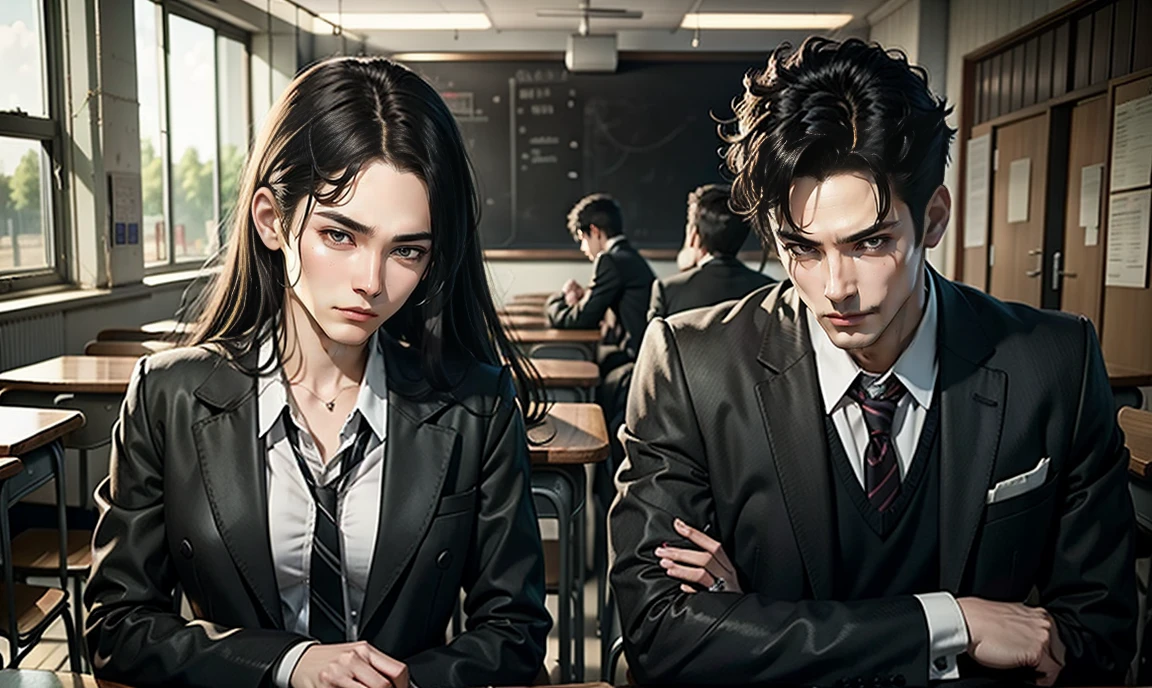 realistic. two people. dark tough mood. adult male and female students. delinquents. school in background.