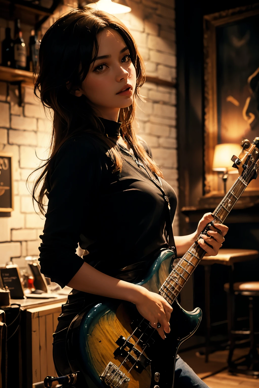 A young woman playing bass guitar, deep shadows, oil painting style, jazz bar background, dramatic lighting, just like that, 8k, bokeh, shot with 60mm lens, ISO300, f/4, 1/200, bright colors, Pino Deheny,