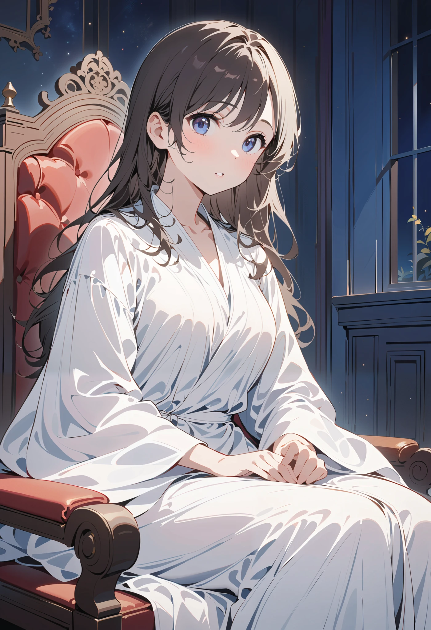 1 girl,Full body portrait,classical,night,In the room,Sitting on a wooden chair,full,Dark hair , long hair, blue-black eyes , pure white robe with high openings on both sides, show your legs , showing arms , Skin tone ,Mature charm,Sweet and playful