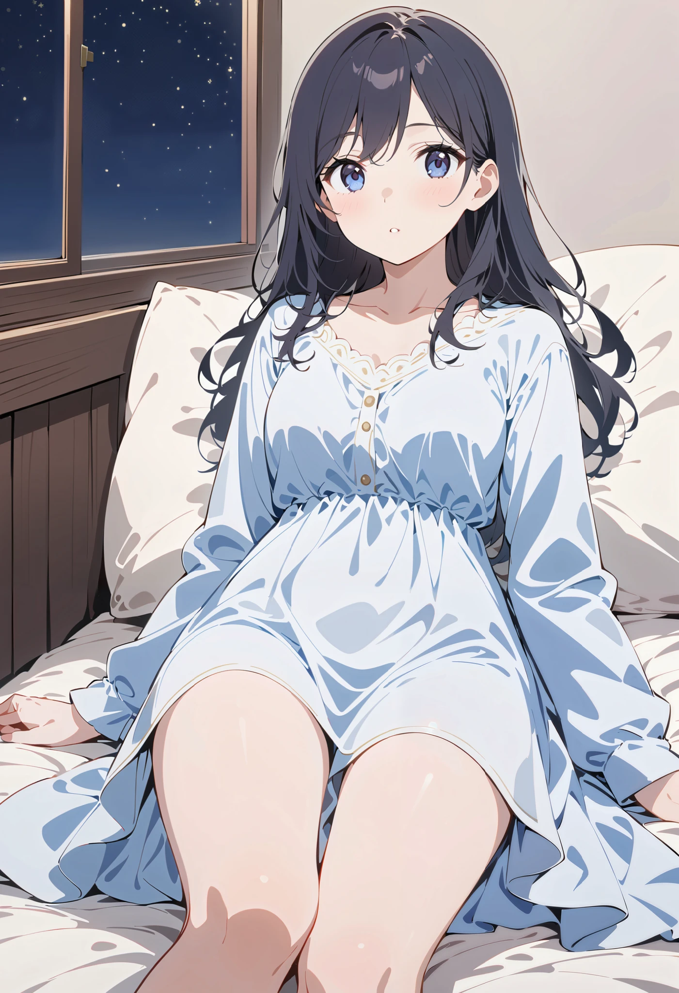 1 girl,Full body portrait,Full body portrait,plain and unadorned ,night,In the room, lying on the bed,full,Dark hair , long hair, blue-black eyes ,A pure white predominantly blue robe with high openings on both sides, show your legs , showing arms , Skin tone ,Mature charm,Sweet and playful