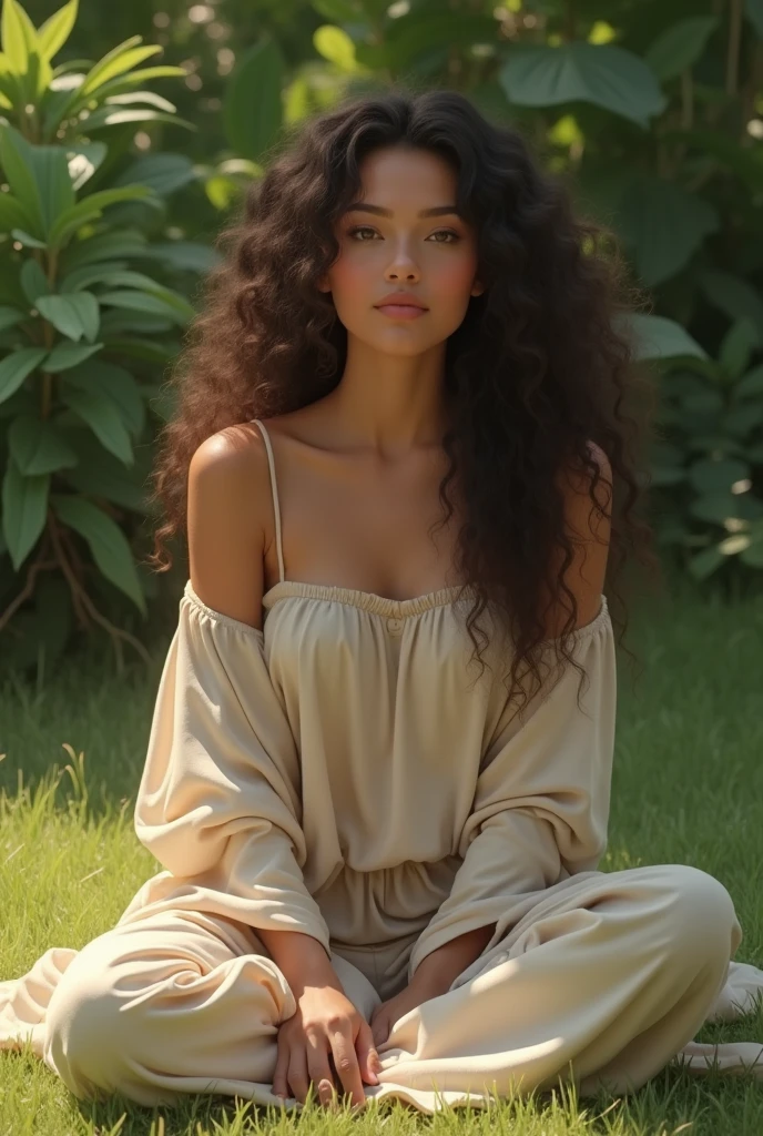 (photorealism:1.2), ( home clothes ), (enjoying swings in playground), cleavage, long curly hair, outdoors, , relaxed pose, realistic, intricate details, realistic skin texture