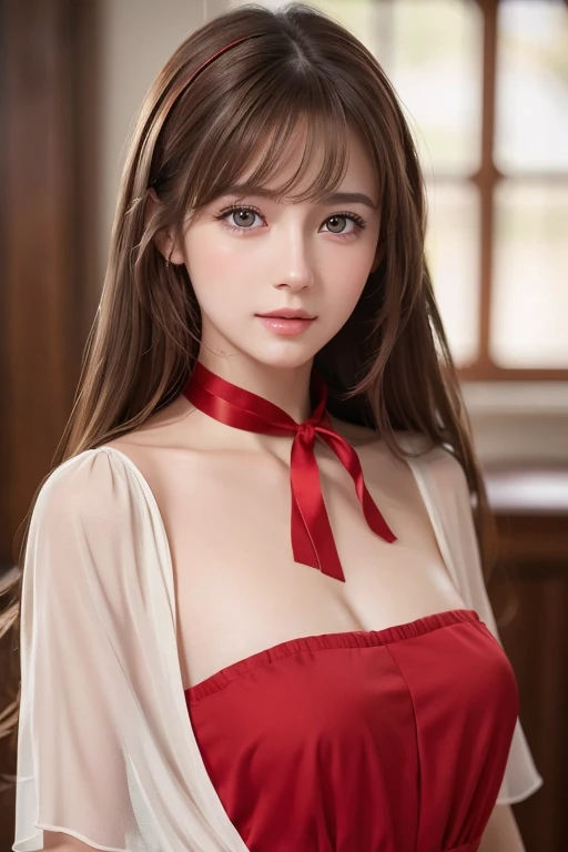 Life s,  brown hair,  white skin, Realistic, Long hair tied with a red ribbon, Light brown eyes,  Red Dress, 8K images, Realistic human skin,  image of a real  grabbing a collar,