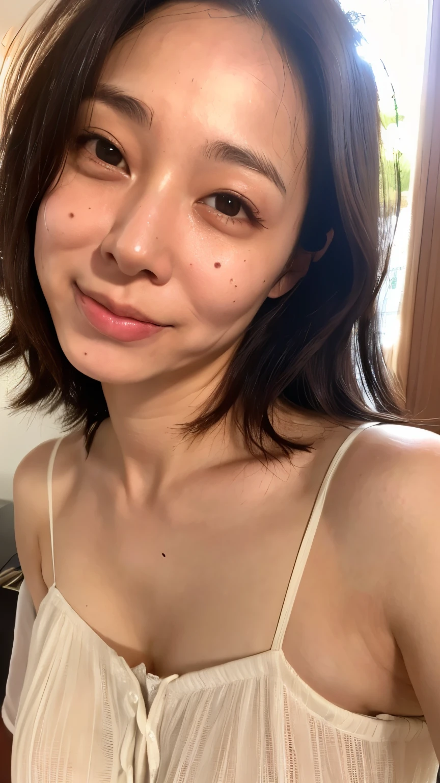 ((top quality)), ((8k)), (( Masterpiece  : 1.3)), (  perfect appearance  ), (photorealism: 1.6), 1 Japanese woman, (40 years old), (( Realistic skin textures )), ( fine wrinkles all over the skin : 1.3), (There are no moles on the skin : 1.1), (Dry skin: 1.2) , (Facial wrinkles: 0.9), (Wrinkles at the corners of the eyes: 1.2), double eyelid, Lower eyelid tear trough, (Crying Mole: 0.9),  look here , Serious gaze, (Dimples: 1.2),  Short bangs ,  long hair, ( sheer camisole out of futon : 1.2), (Portrait with the center of the upper body : 1.4),