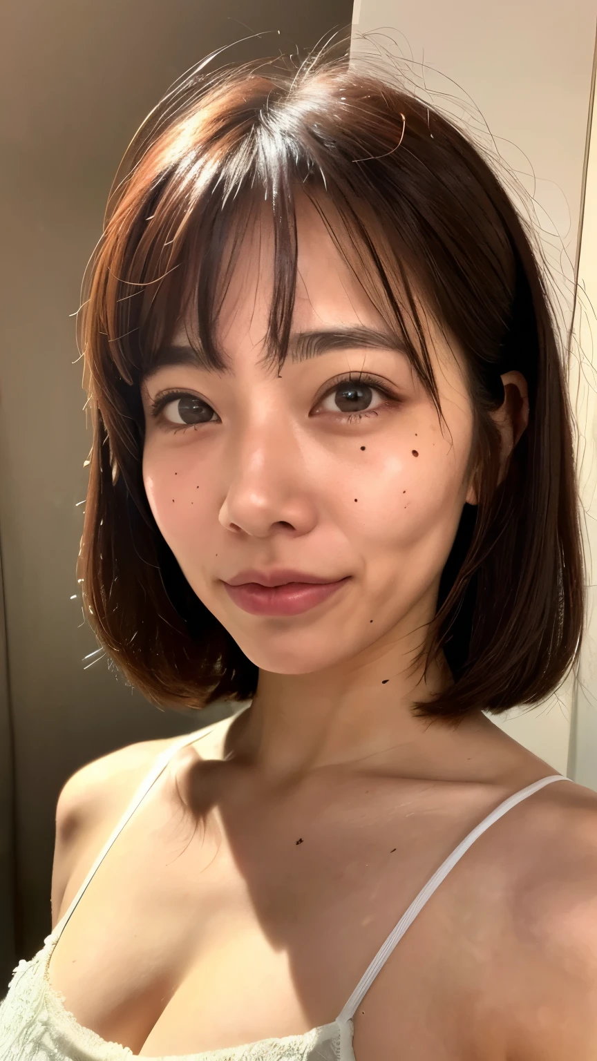 ((top quality)), ((8k)), (( Masterpiece  : 1.3)), (  perfect appearance  ), (photorealism: 1.6), 1 Japanese woman, (40 years old), (( Realistic skin textures )), ( fine wrinkles all over the skin : 1.3), (There are no moles on the skin : 1.1), (Dry skin: 1.2) , (Facial wrinkles: 0.9), (Wrinkles at the corners of the eyes: 1.2), double eyelid, Lower eyelid tear trough, (Crying Mole: 0.9),  look here , Serious gaze, (Dimples: 1.2),  Short bangs ,  long hair, ( sheer camisole: 1.2), (Portrait with the center of the upper body : 1.4),