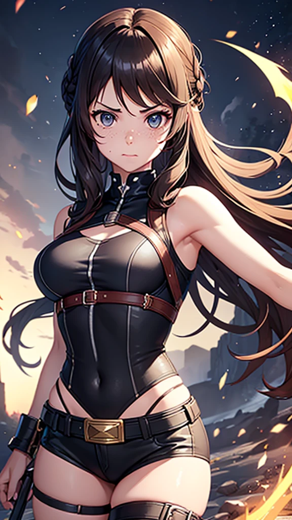 long hair, black hair grey eyes, sensei, curvy, huge breasts, anatomically correct, muscular female, best quality, masterpiece, high quality, high details, highres, HD, gloves, solo, black_gloves, breasts, bare_shoulders, elbow_gloves, grey_background, looking_at_viewer, standing, cleavage, covered_navel, leotard, floating_hair, holding, katana "long shot scenic professional photograph of {prompt}, perfect viewpoint, highly detailed, wide-angle lens, hyper realistic, with dramatic sky, polarizing filter, natural lighting, vivid colors, everything in sharp focus, HDR, UHD, K", (shaded face:1.2), hollow eyes, grey eyes, looking at viewer, heavy breathing, smirk, upper teeth, sweating, wet, lips,