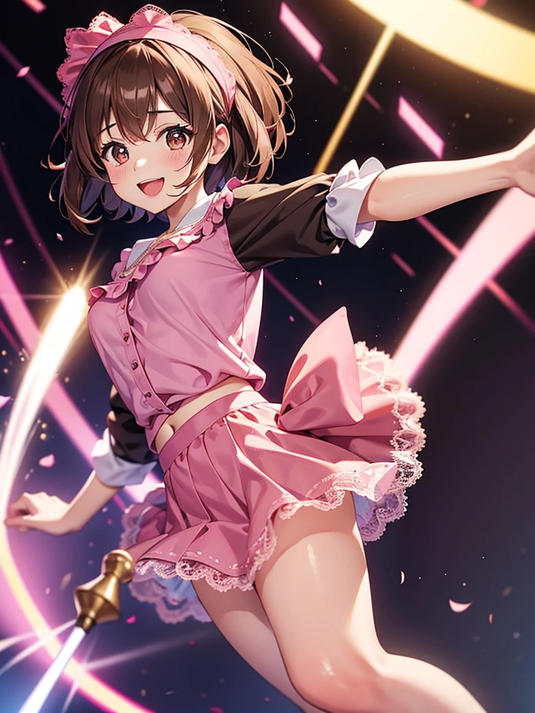 cureblack, cure black, ahoge, (brown eyes:1.5), brown hair, eyelashes, short hair,
BREAK arm warmers, bare naked pusssy under skirt, black footwear, black gloves, boots, bow, brooch, earrings, fingerless gloves, frilled legwear, frilled skirt, frilled sleeves, frills, gloves, heart, heart brooch, high heels, jewelry, knee boots, magical girl, ribbon, short sleeves, shorts, shorts under skirt, skirt,
BREAK looking at viewer, full body,
BREAK outdoors,
BREAK (masterpiece:1.2), best quality, high resolution, unity 8k wallpaper, (illustration:0.8), (beautiful detailed eyes:1.6), extremely detailed face, perfect lighting, extremely detailed CG, (perfect hands, perfect anatomy),