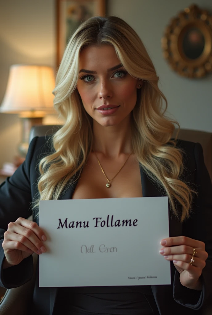 a beautiful girl with long blonde hair, detailed eyes, nose, and lips, wearing professional outfit, (huge breasts:1.4), siting in her office, holding up a sign "Lesther, Follame Bebé", hp comuter (best quality,4k,8k,highres,masterpiece:1.2),ultra-detailed,(realistic,photorealistic,photo-realistic:1.37),HDR,studio lighting,extremely detailed face and body, portrait,cinematic lighting,dramatic lighting,warm color tones,dramatic colors
