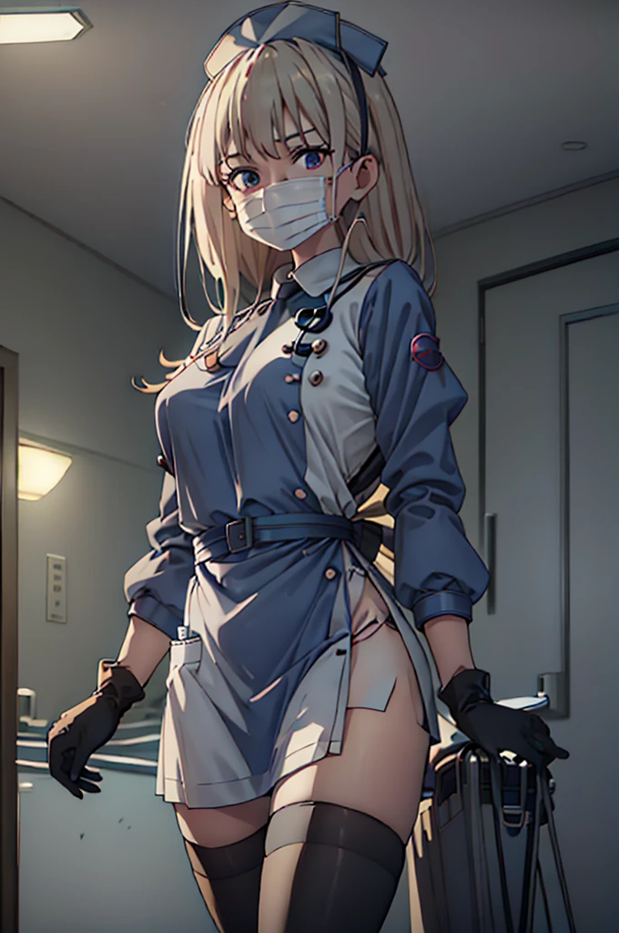 black nurse, 1woman, solo, black nurse cap, black wear, ((black legwear, zettai ryouiki)), black elbow gloves, blonde hair, blue eyes, ((black surgical mask, covered nose)), standing, ((surgery room)), sharp outline, short sleeves, mature female, 35 years old, best quality, masterpieceУши животных, Уши кошки, Высокое разрешение, HD-модель, Лучшее качество, Высокая детализация, 