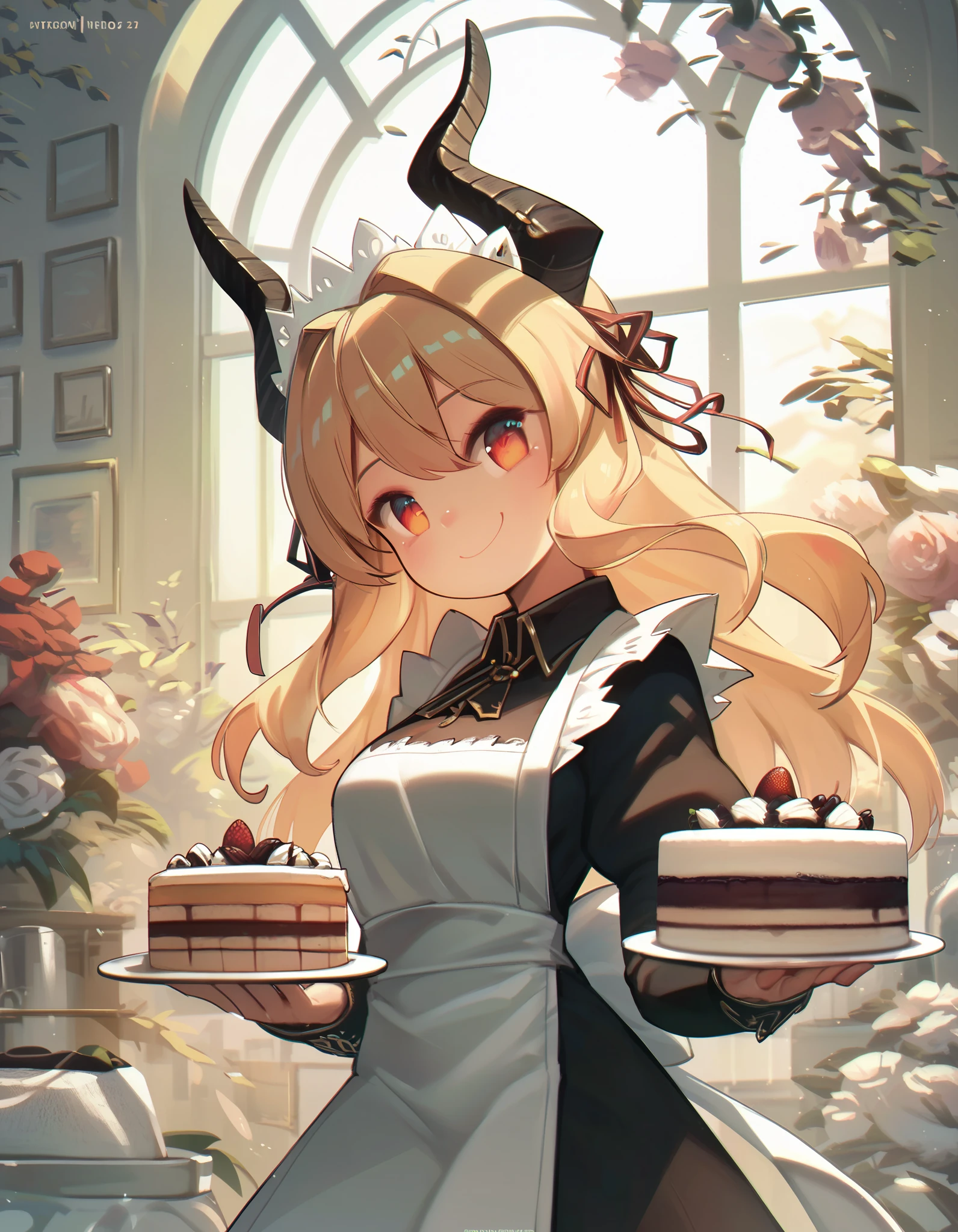 score_9, score_8_up, score_7_up,score_6_up,    a maid girl dragon holding a cake, smile, head tilt, horns, smile