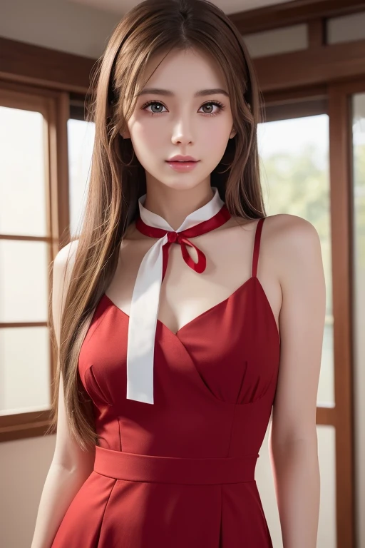 Life s,  brown hair,  white skin, Realistic, Long hair tied with a red ribbon, Light brown eyes,  Red Dress, 8K images, Realistic human skin,  image of a real  grabbing a collar,