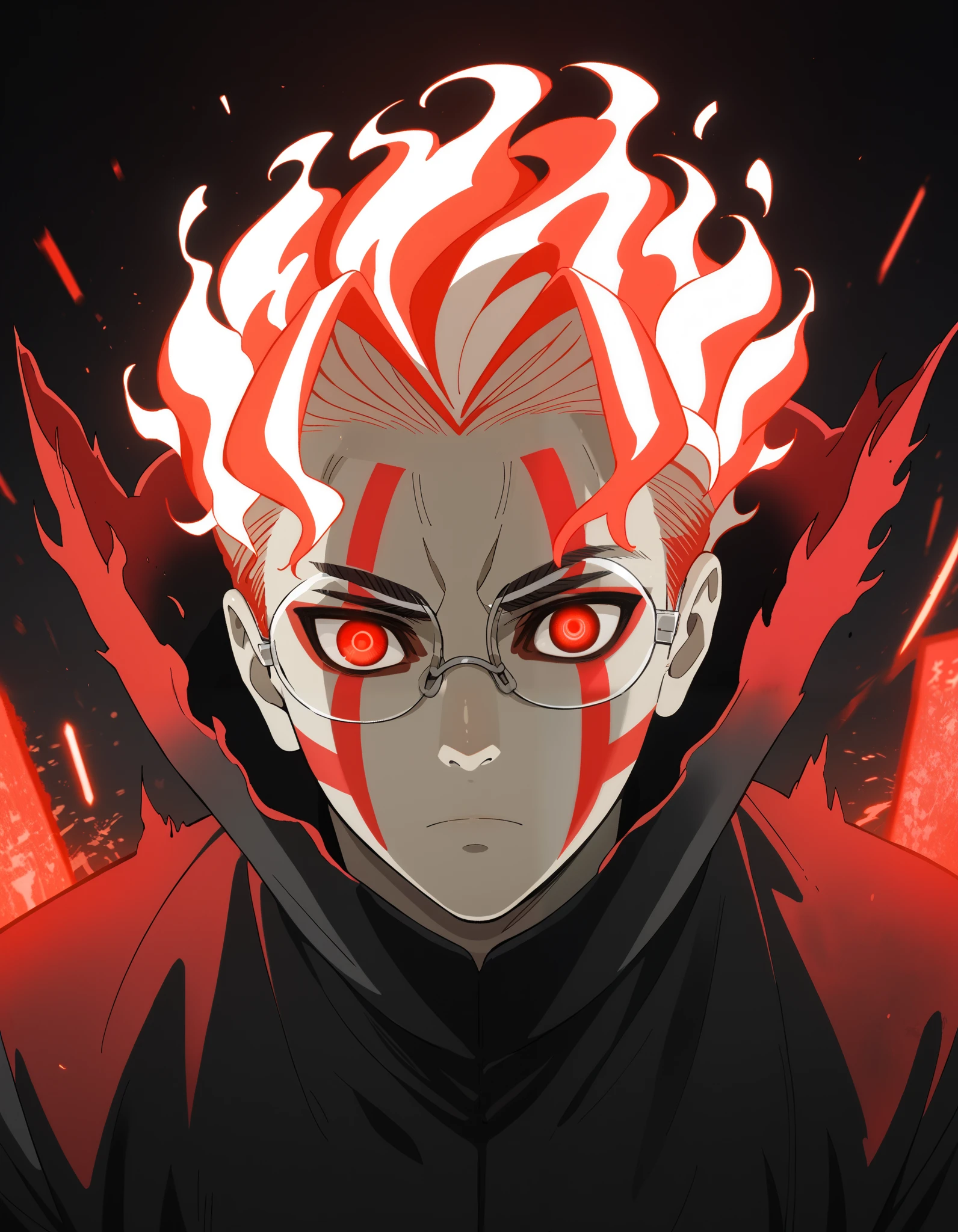 score_9, score_8_up, score_7_up, source_anime, BREAK, 1boy, solo, upper body, looking at viewer, Ken Takakura, mid-transformation, fiery multicolored hair (red and white) with dynamic motion, glowing red eyes radiating intensity, distinct facial marks faintly pulsing with energy, expression fierce yet controlled, surrounded by swirling flames and glowing debris, set in an abandoned industrial complex with towering, half-destroyed structures illuminated by neon sparks, a mix of fire and electric energy in the atmosphere, cinematic lighting emphasizing intricate anime-style details, masterpiece, ultra-realistic, vibrant colors, 8k resolution