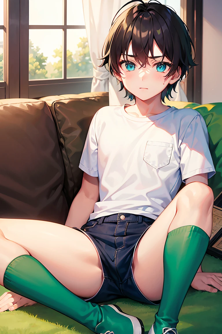 Sino, anime, cabelo castanho, medium breasts, olhos castanhos, sorriso leve, jeans, tissue, moletom cinza, blue pants, sentado, de pernas cruzadas, dentro de uma casa inteligente, sentado on the couch, O rosto de Asada Shino, anime Espada Arte Online, melhor qualidade