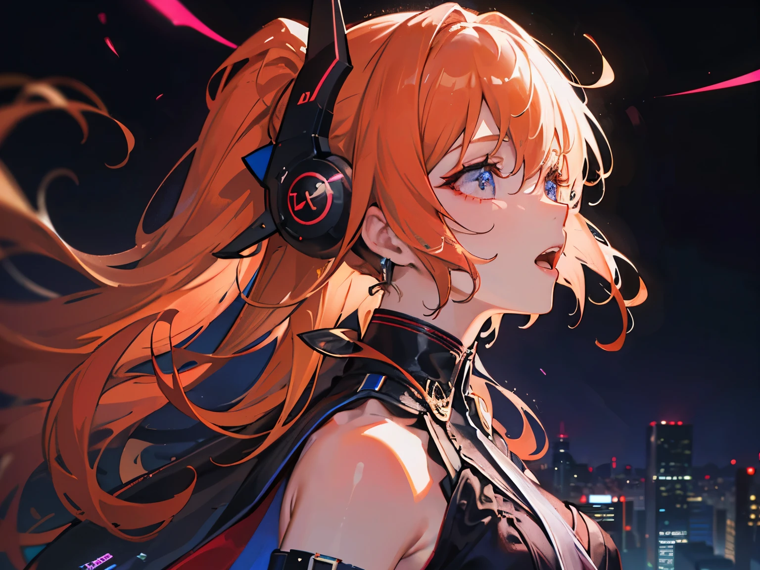 Highest quality、Highest quality、Masterpiece、girl((half、18-year-old、as soon as、Highest Bust、Medium Bust、Wide open chest、Red glowing eyes、Black Ear、Red Mesh、Disheveled Hair、Loincloth、thin、The best valley、Open chest、hair ornaments、Full body view、pants、Sports Bra、Random Pause、smile、headphone))、high quality、Beautiful Art、background((Collapsing Ground、no gravity、Floating Object、City of night、shooting star、universe))、flight、Flying Debris、Depth of text、movie、Visual Arts、Perfect Art、8K、Genuine、Special Angles