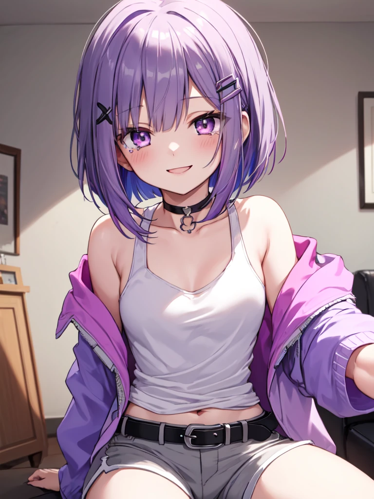  1 girl , solo, Purple Hair,  bob hair, Beautiful breasts, medium chest , white tank top,Grey shorts, black choker ,Black belt,Pink jacket, hair clip,Slanted Eyes, Light purple eyes, smiles,happiness/joy,  Seductive Smile , teardrop , high definition ,  simple background,  Living Room , top quality,  anatomically correct, masterpiece,